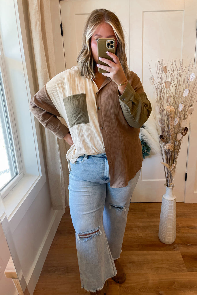 Oliver Long Sleeve Color Block Snap Down Top - Be You Boutique