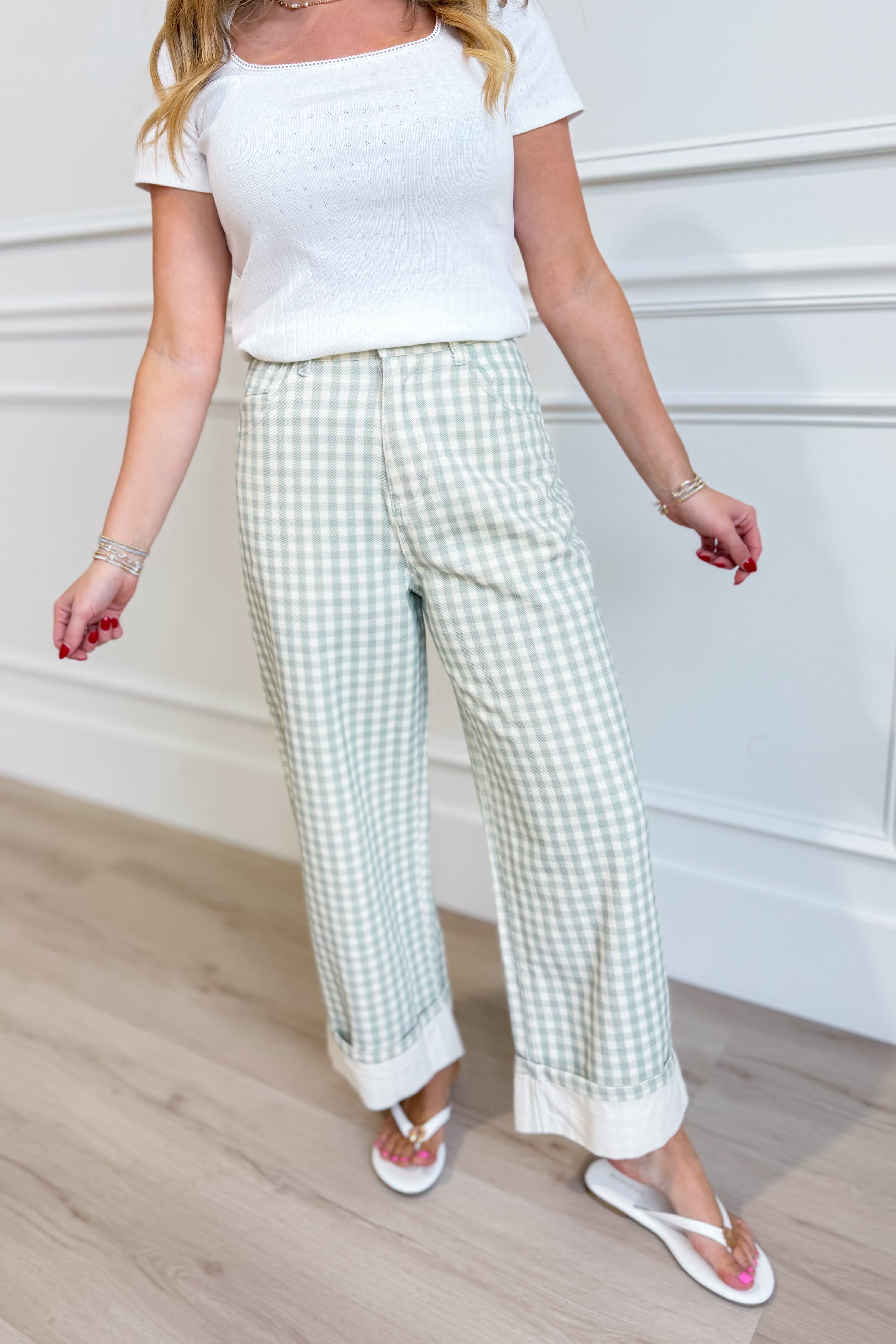PEACH LOVE Luis Sage Gingham Rolled Hem Barrel Pant from 147 Novelty Jeans, showing sage green gingham fabric and rolled hem detail.