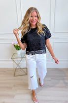 JODIFL Noel scallop eyelet lace top in white, stylish dressy blouse with scalloped edges and eyelet detailing, perfect for elegant occasions.