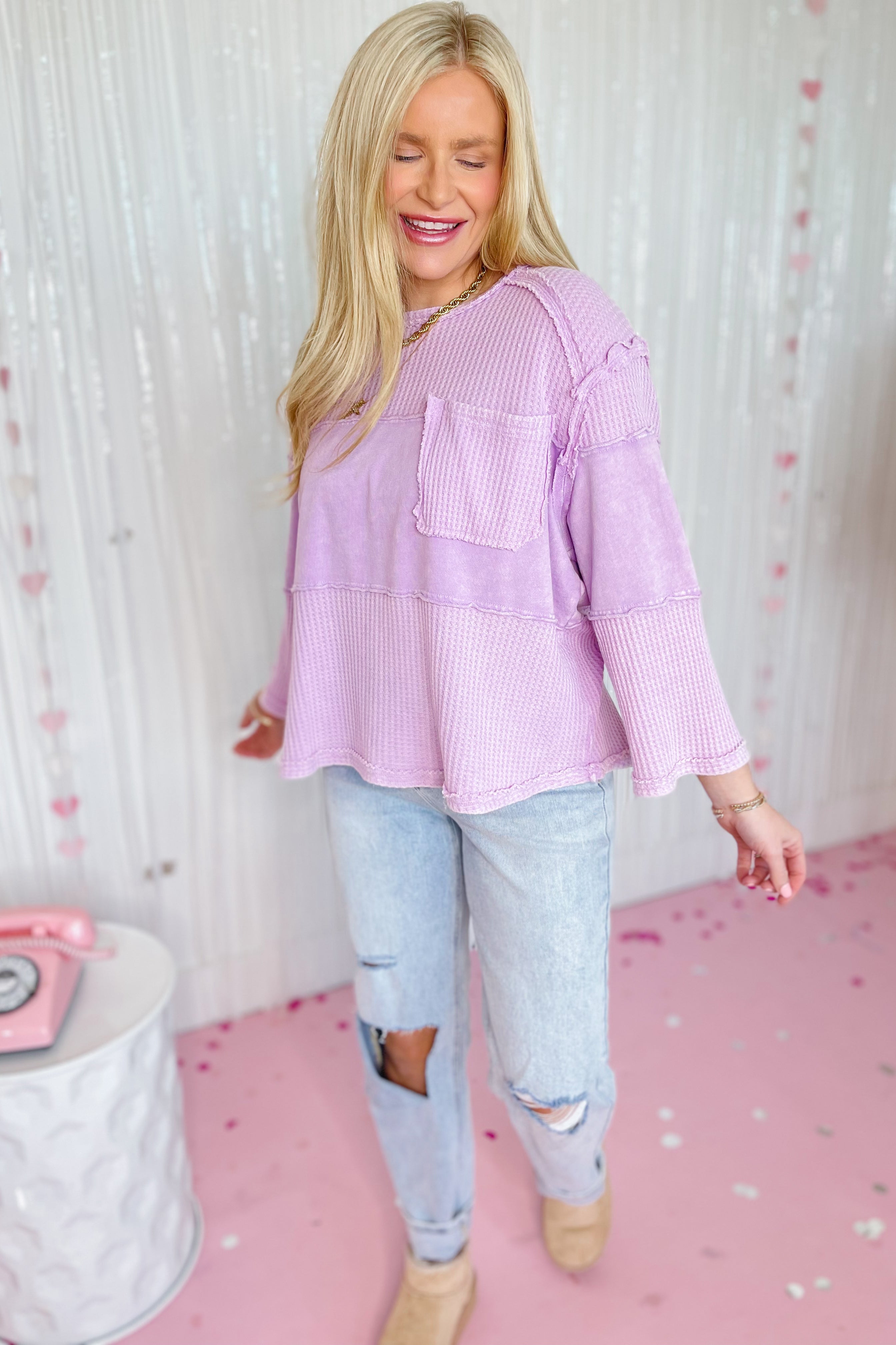 Lily Thermal Mix 3/4 Sleeve Washed Top - Be You Boutique