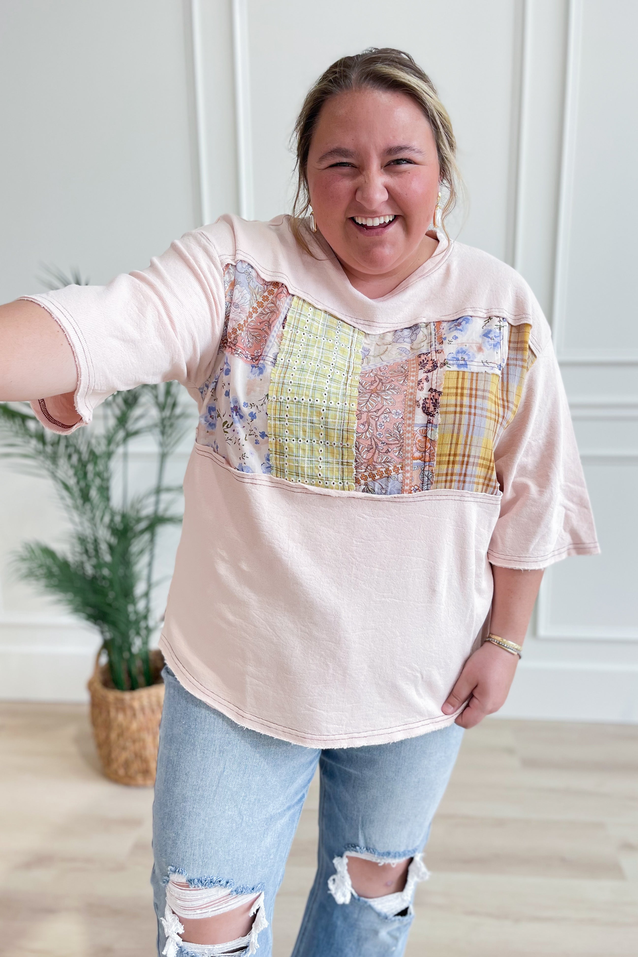 Edward Mix Print Patchwork Detail Half Sleeve Top - Be You Boutique