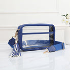 Blue clear stadium crossbody bag by QUEENS DESIGNS, featuring transparent material and adjustable strap for sporty style.