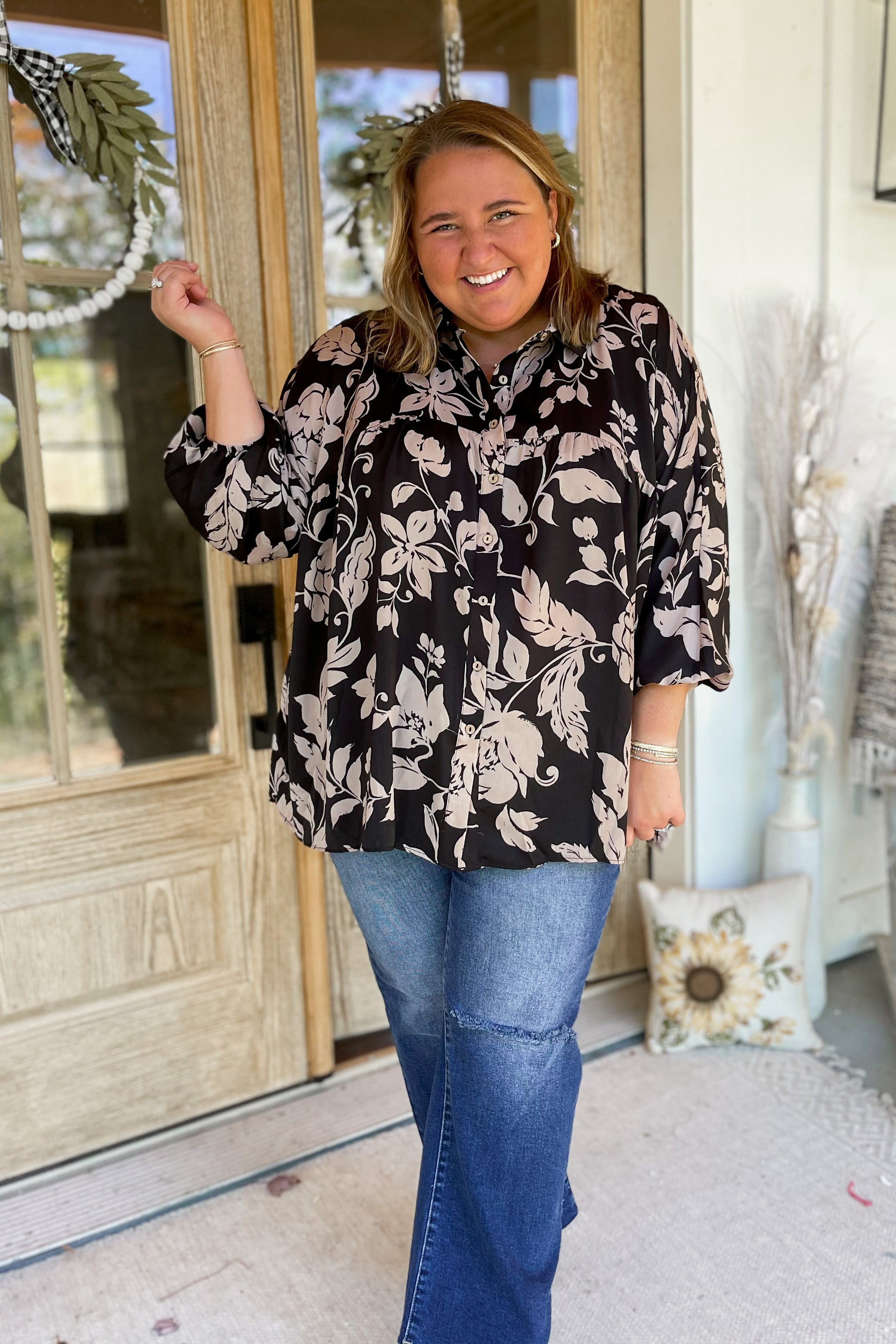 Gentry Printed Mirabelle Satin Long Sleeve Blouse [S-3X] - Be You Boutique