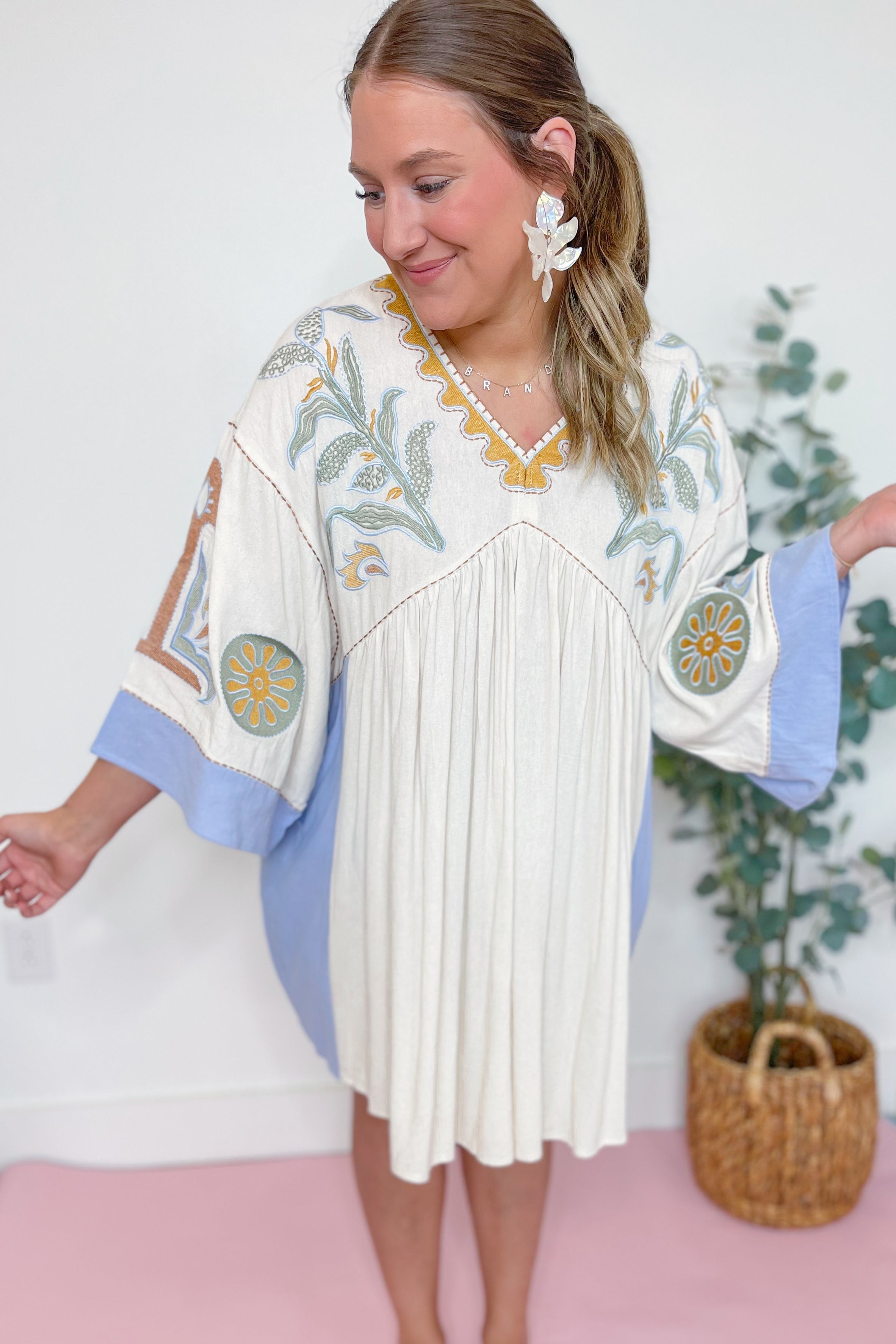 Tucker Embroidered 3/4 Sleeve Dress - Be You Boutique