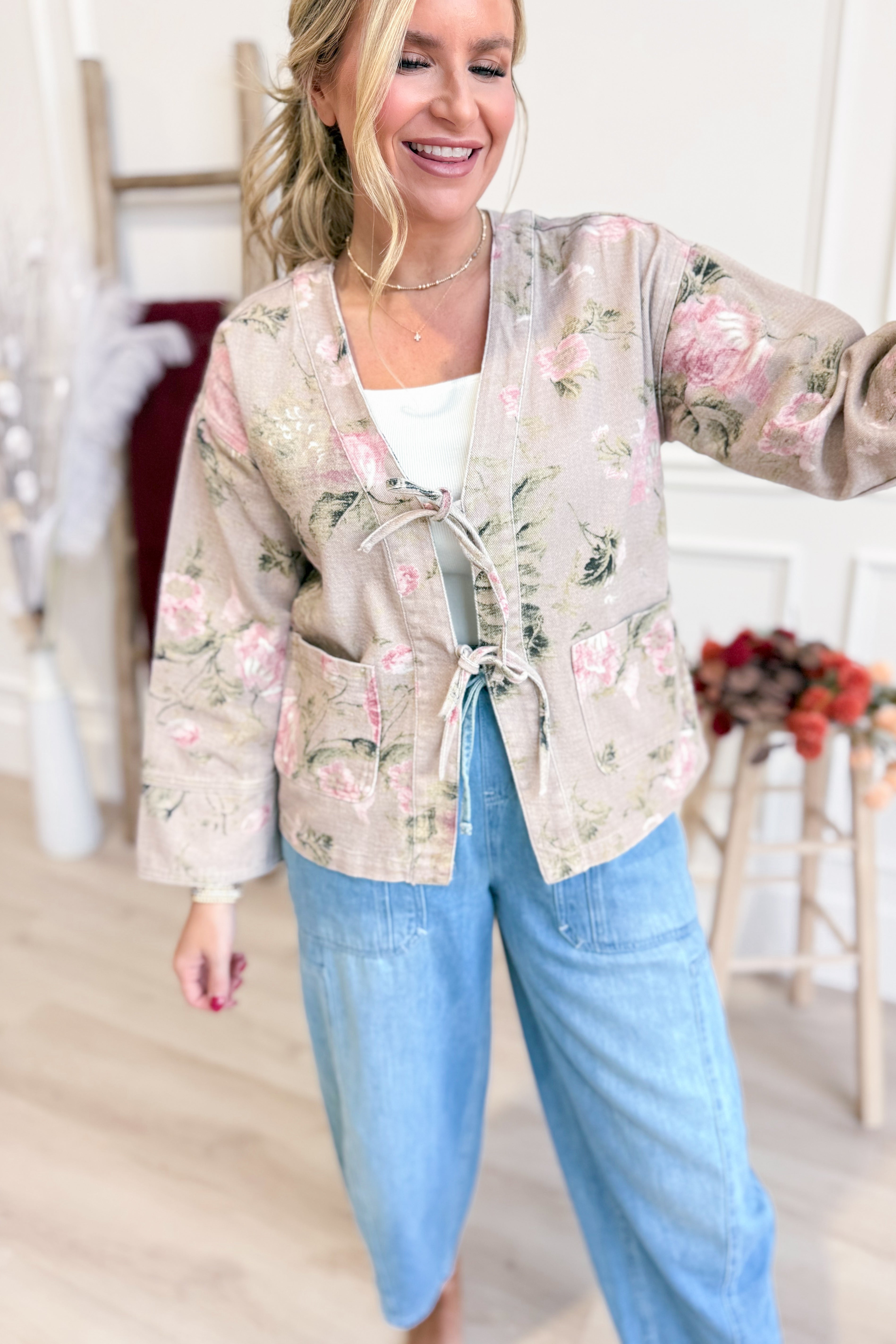 Courtney Floral Tie Front Jacket - Be You Boutique
