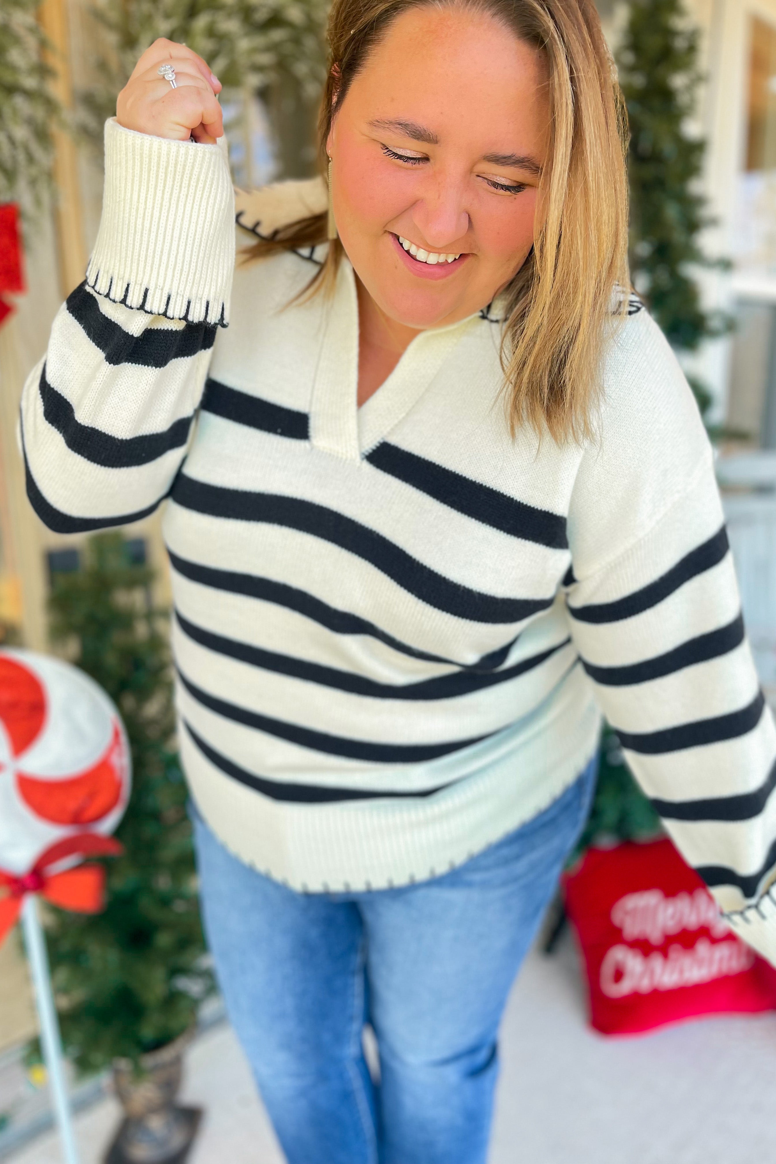 Randy Stitched Edge Striped Notch Neck Sweater [S-3X] - Be You Boutique