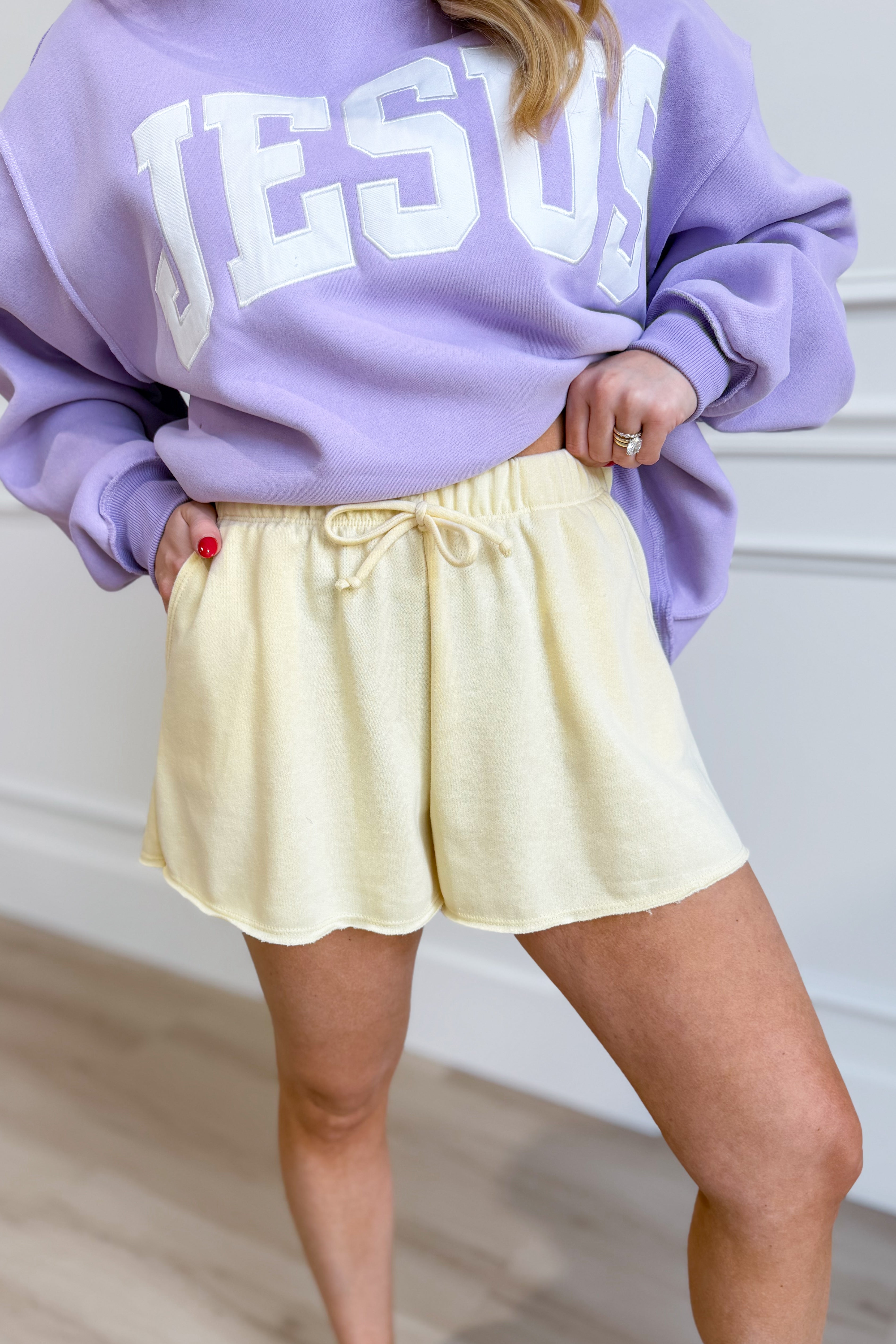Wasabi & Mint Kylie French Terry Front Tie Shorts, 152 shorts in soft French Terry fabric with front tie detail.