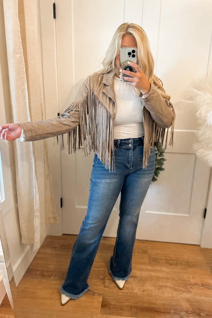 River Long Sleeve Faux Suede Fringe Jacket - Be You Boutique