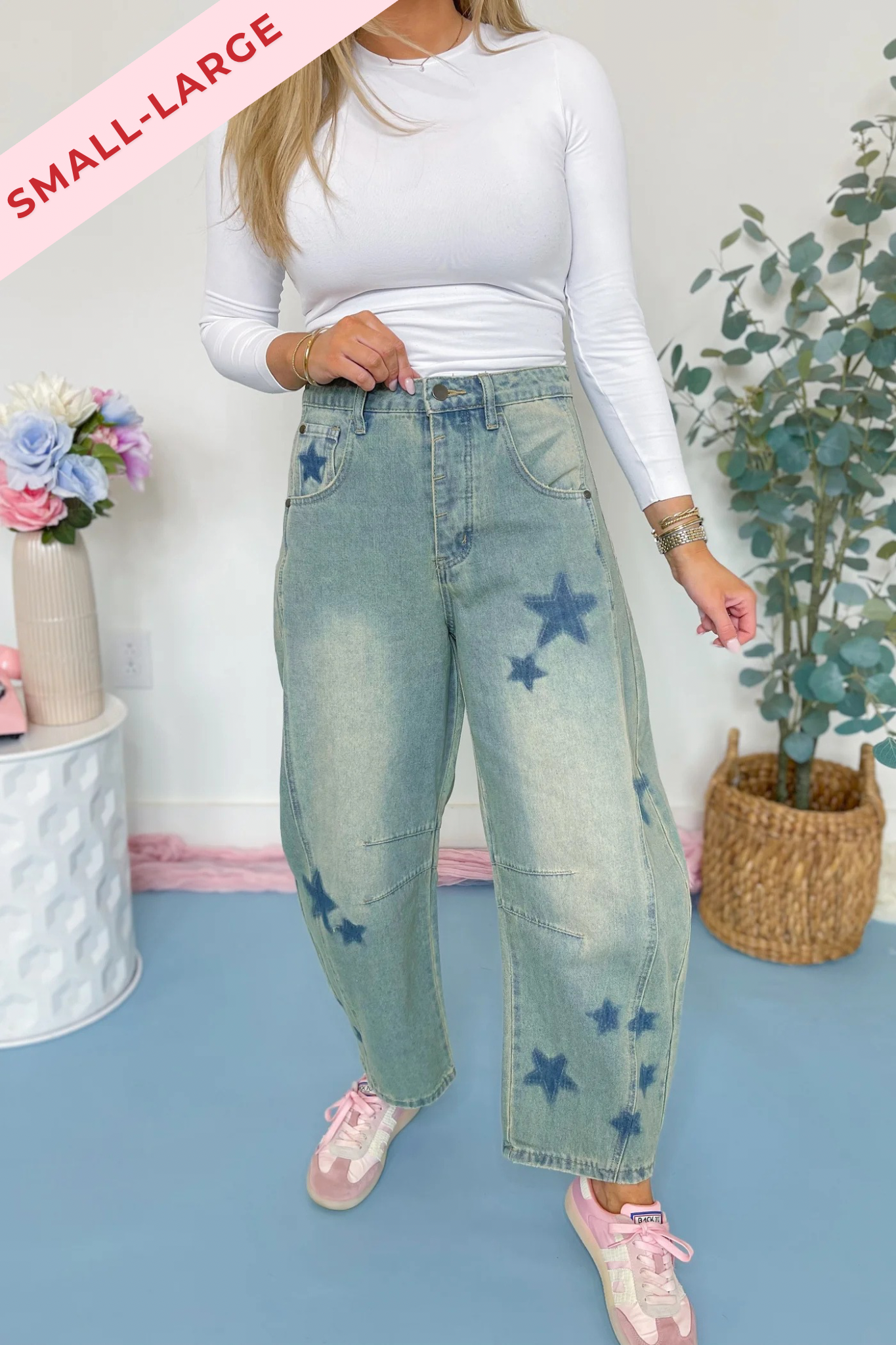 Star Printed Barrel Denim Pants - Be You Boutique