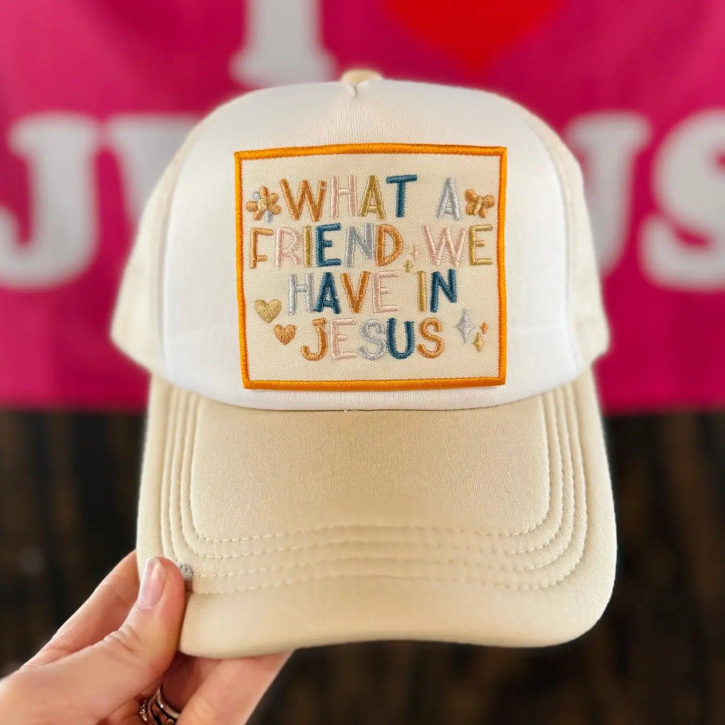 Embroidered "What A Friend In Jesus" hat by GOSPEL GEAR CO, a stylish accessory with religious message and detailed embroidery.