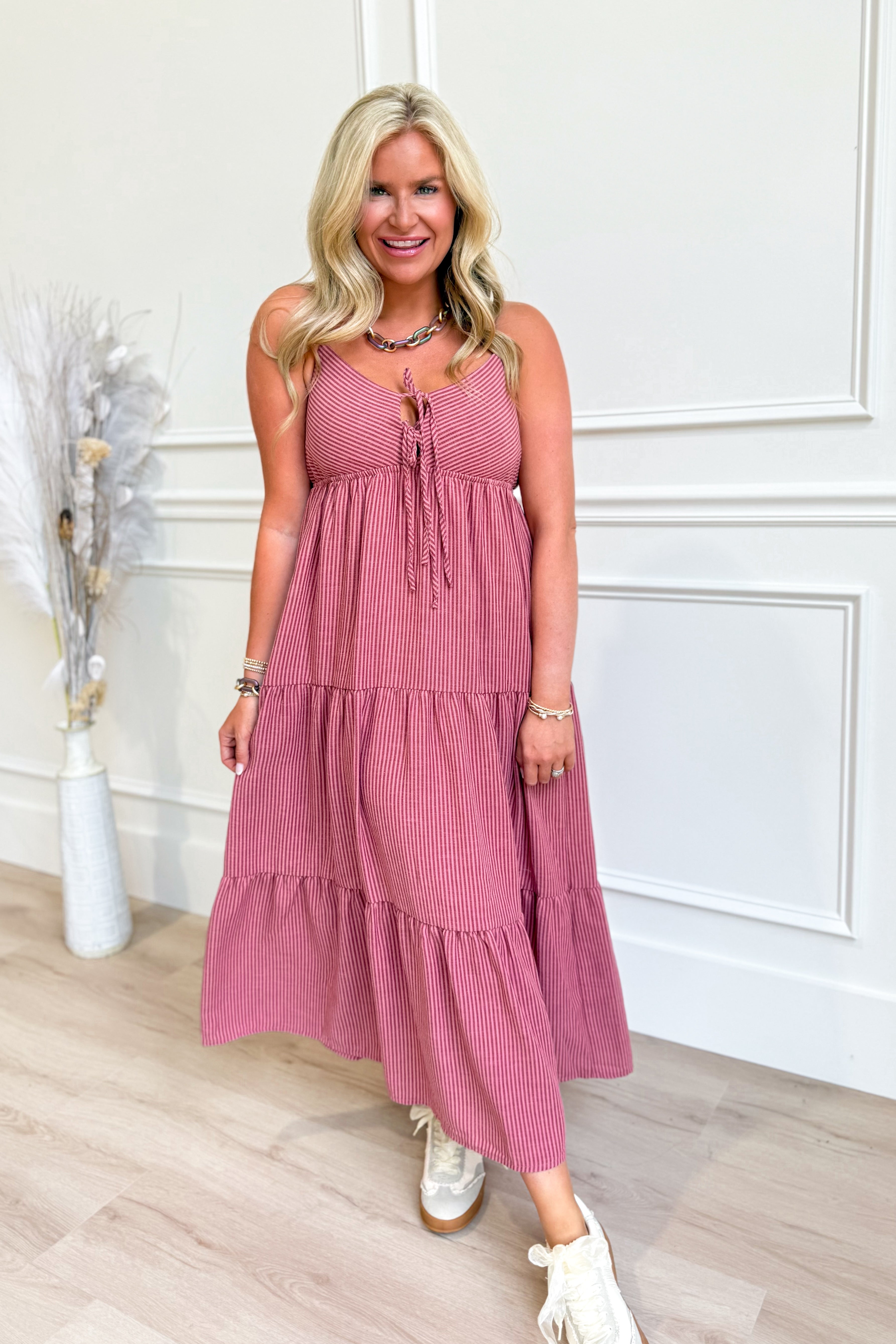 Sandra Striped Front Tie Midi Dress - Be You Boutique