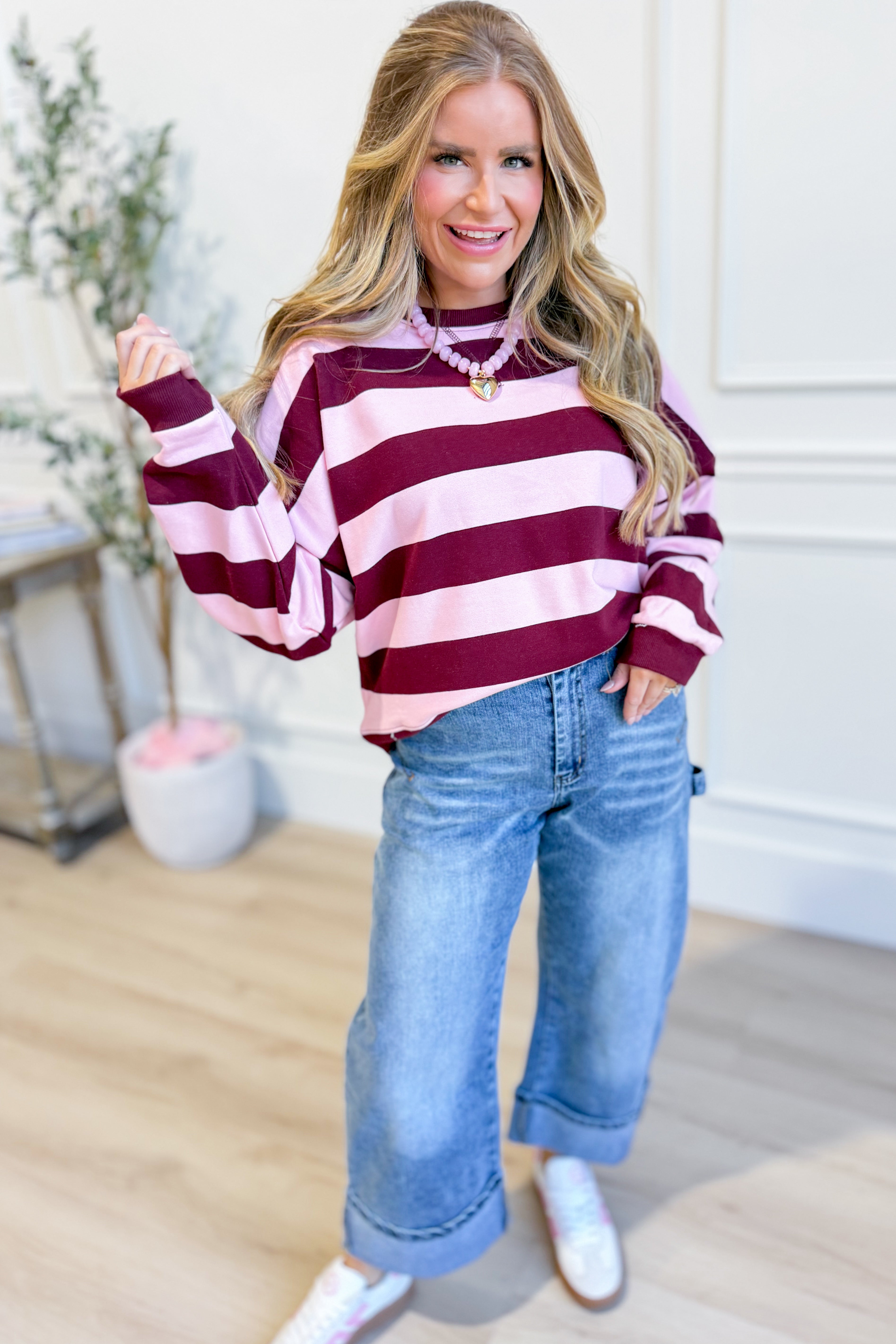 Wishlist Manny striped ribbed cuff pullover in a casual style, featuring a ribbed texture and striped pattern.