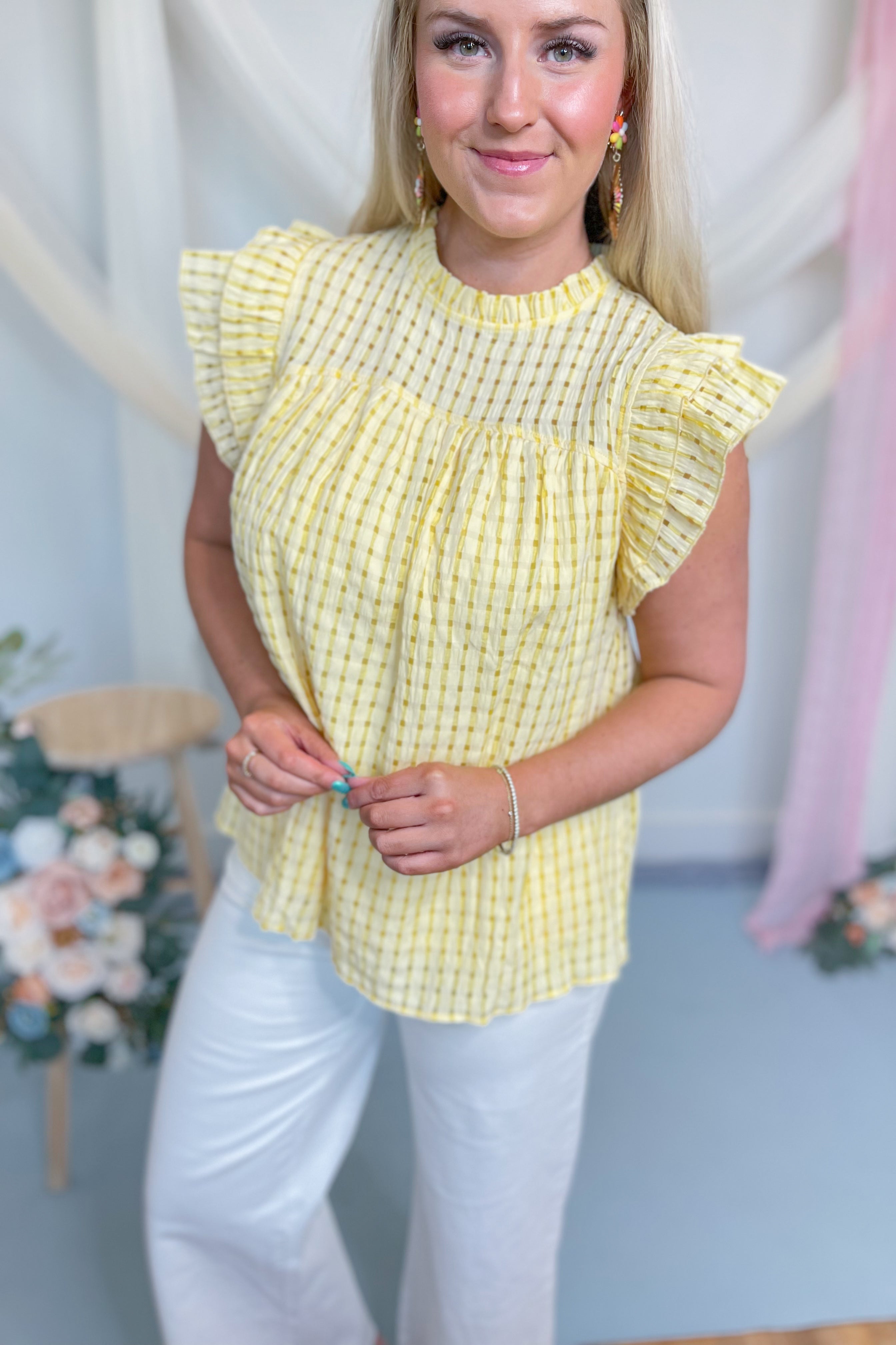 Ashley Checkered Ruffle Neck Top - Lemon - Be You Boutique