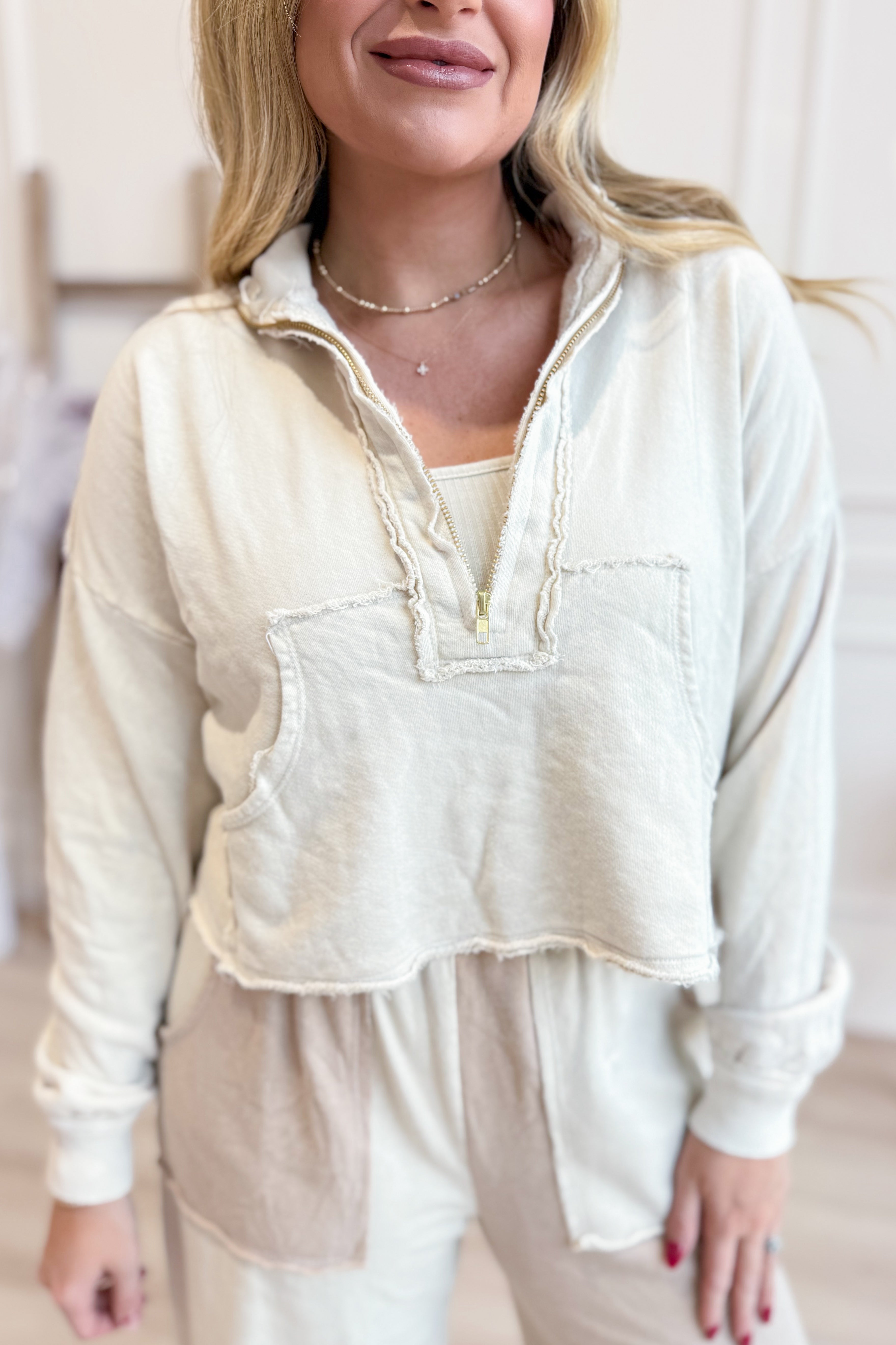 Beth Frayed Hem Quarter Zip Pullover - Be You Boutique