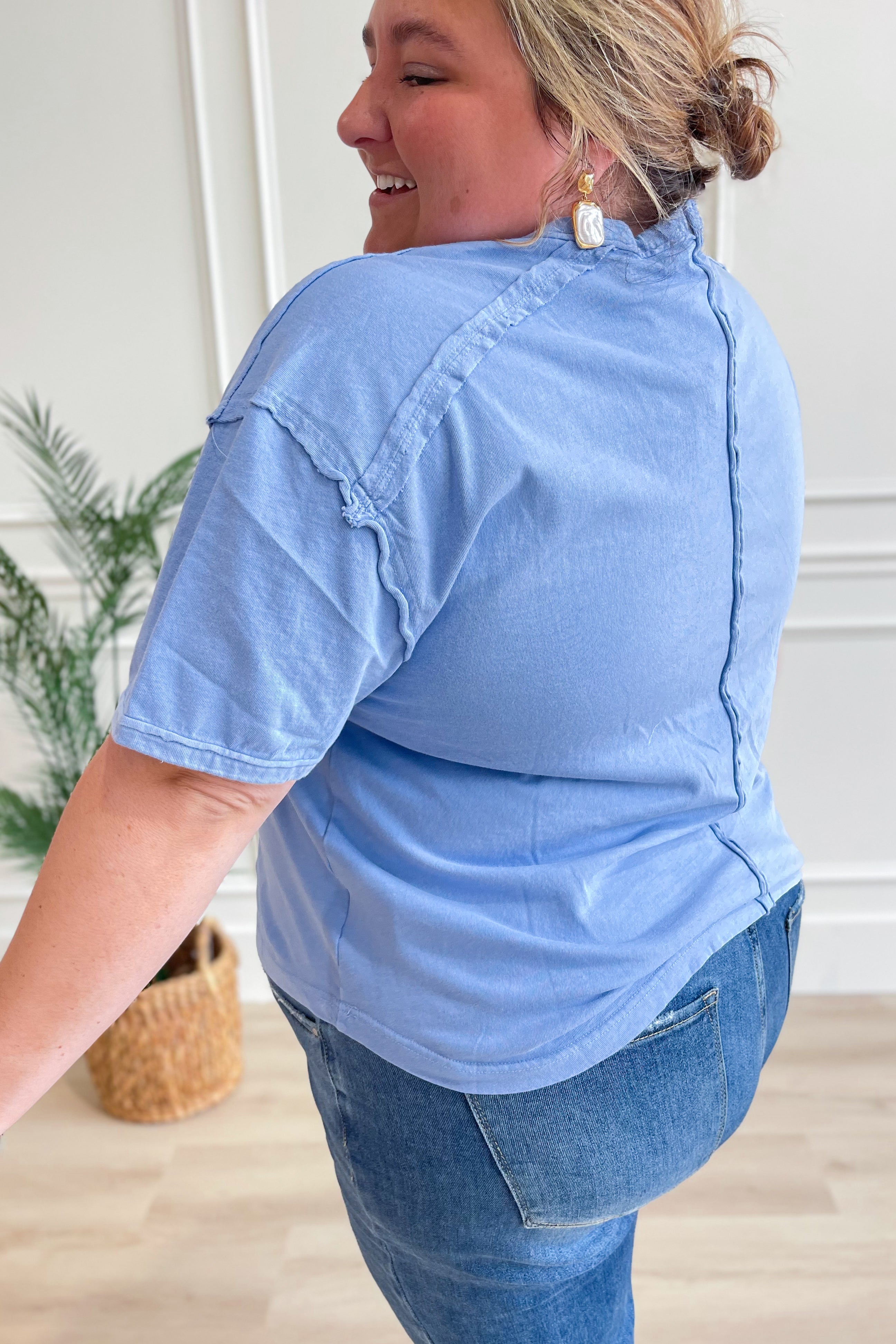 Clara Short Sleeve Washed Knit Pocket Tee - Blue - Be You Boutique