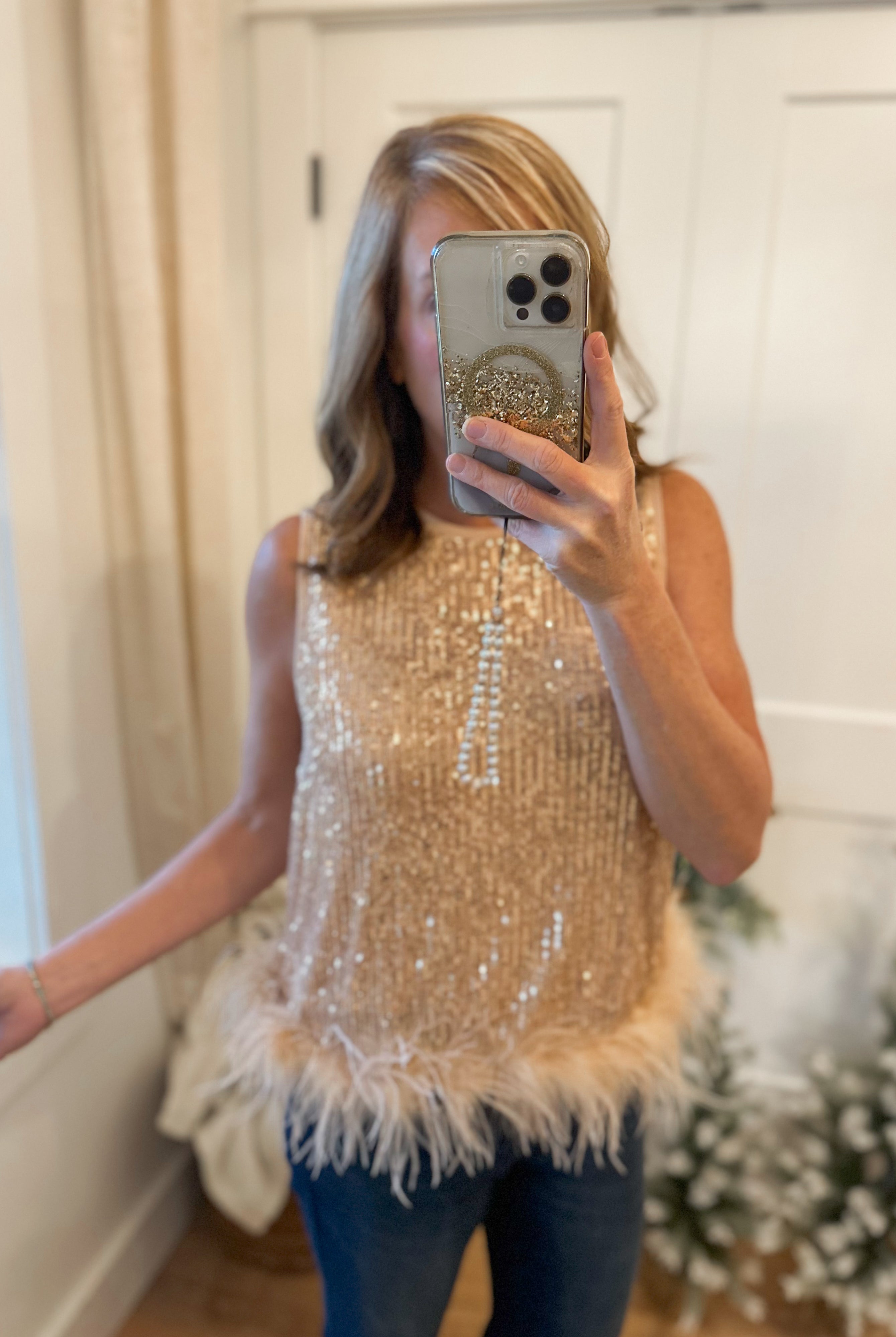 Chester Sparkle Round Neck Sleeveless Feather Trim Top - Be You Boutique