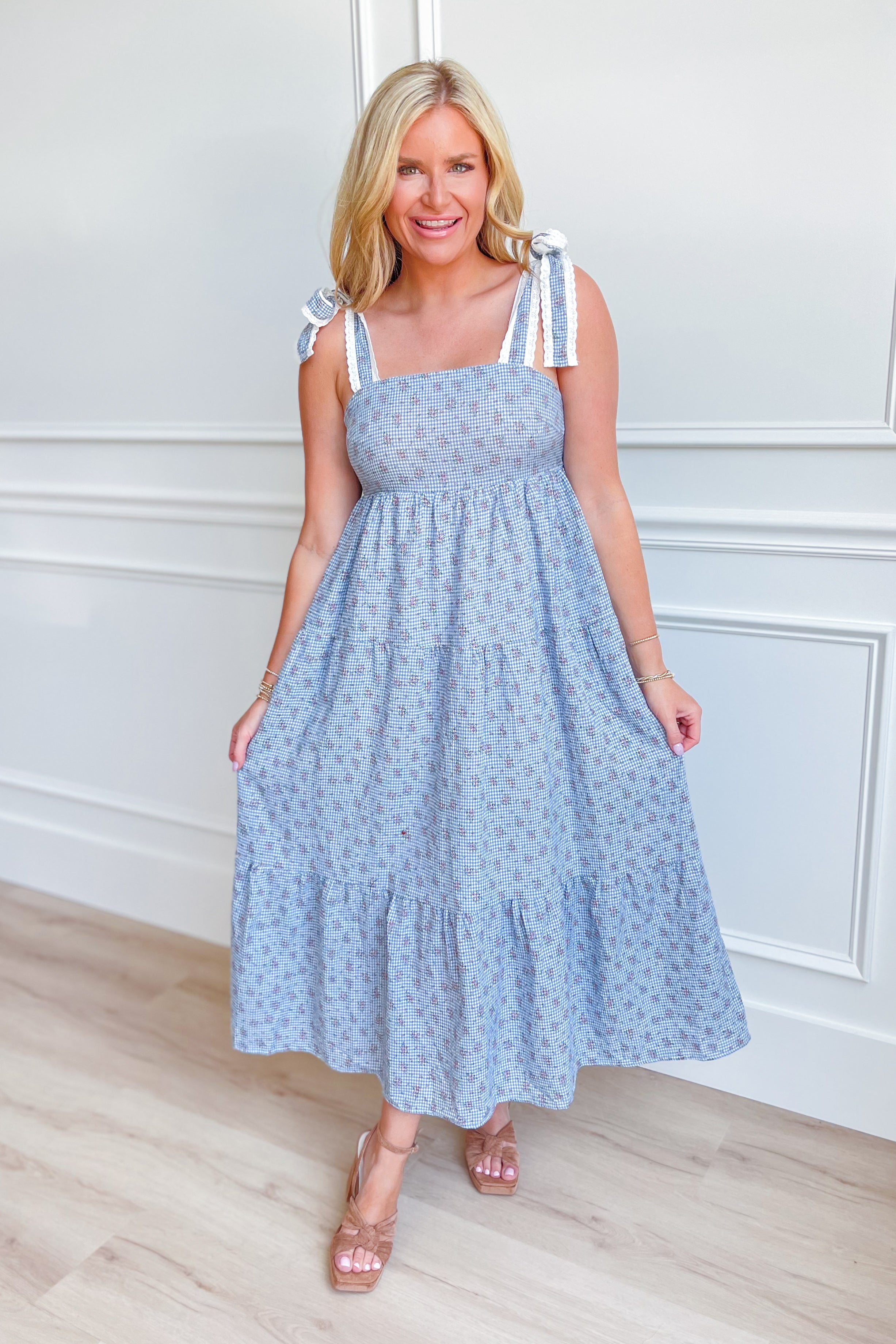 Betsy Floral Gingham Tie Strap Dress - Be You Boutique