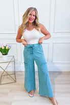 EASEL Bradley mineral washed terry knit wide-leg pants in neutral tones, showcasing relaxed fit and soft fabric texture.