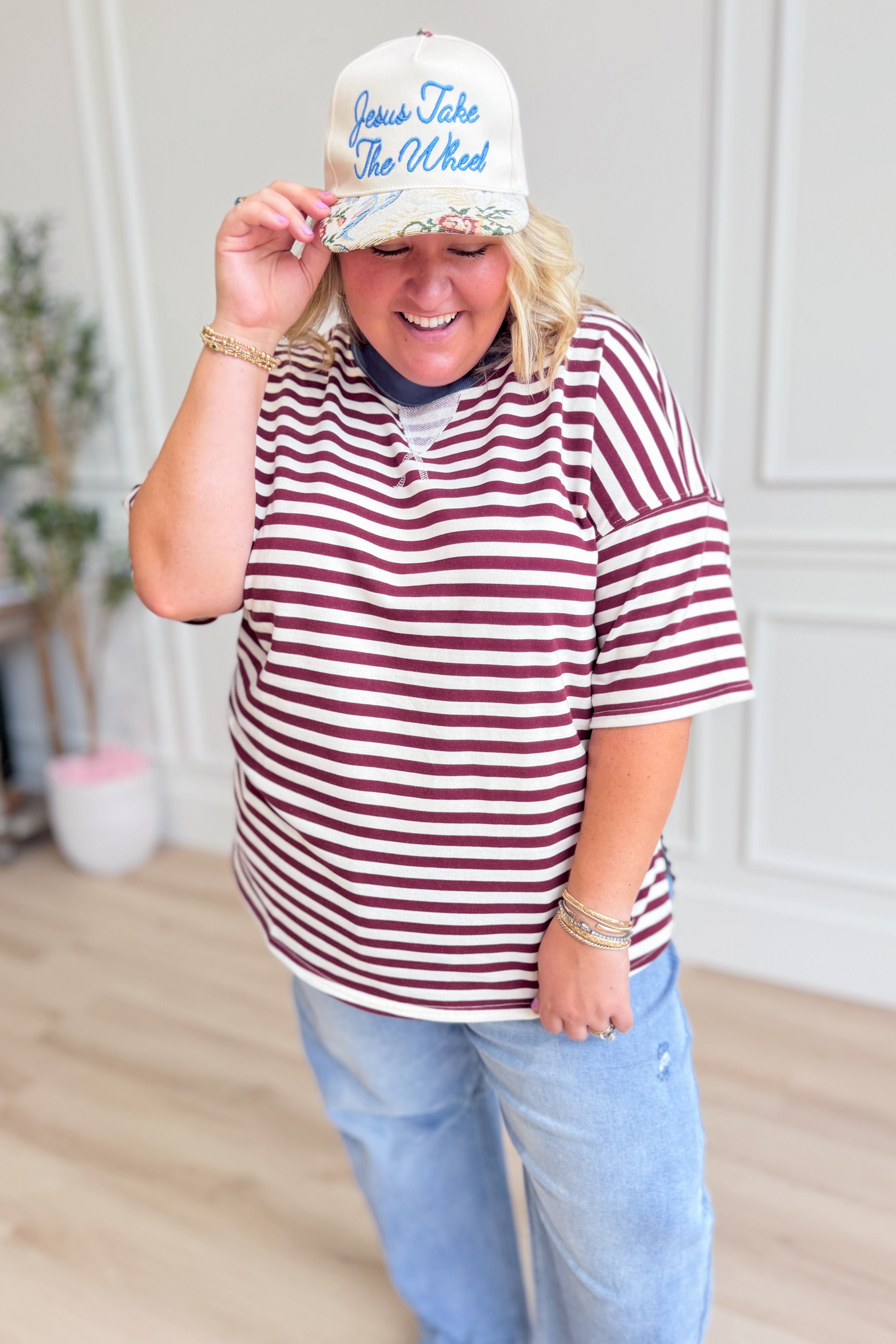 BLU PEPPER Ryan Burgundy color block casual top, 105 style, featuring a stylish burgundy and contrasting color design.