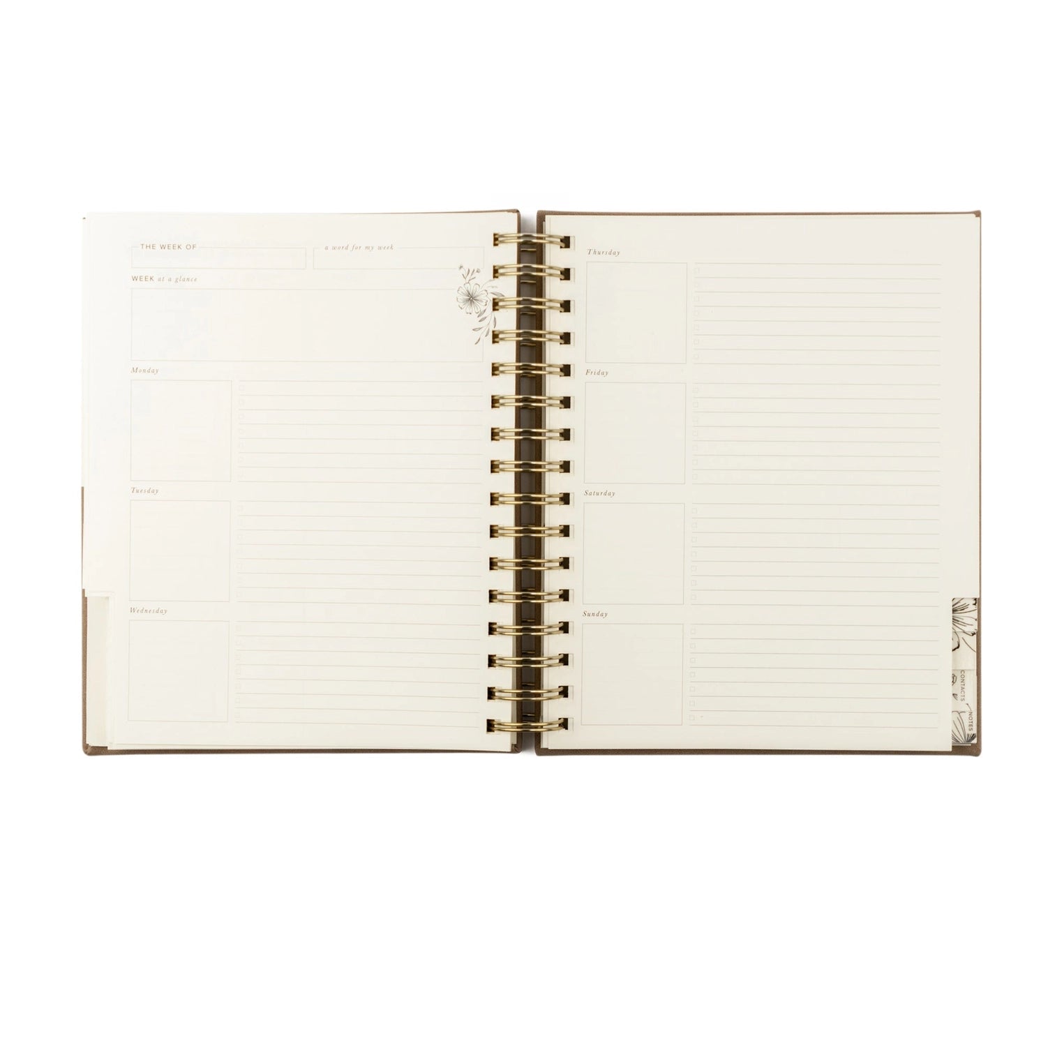 Undated 12-month planner by HOSANNA REVIVAL featuring a sleek cover and organized interior pages for scheduling and note-taking.