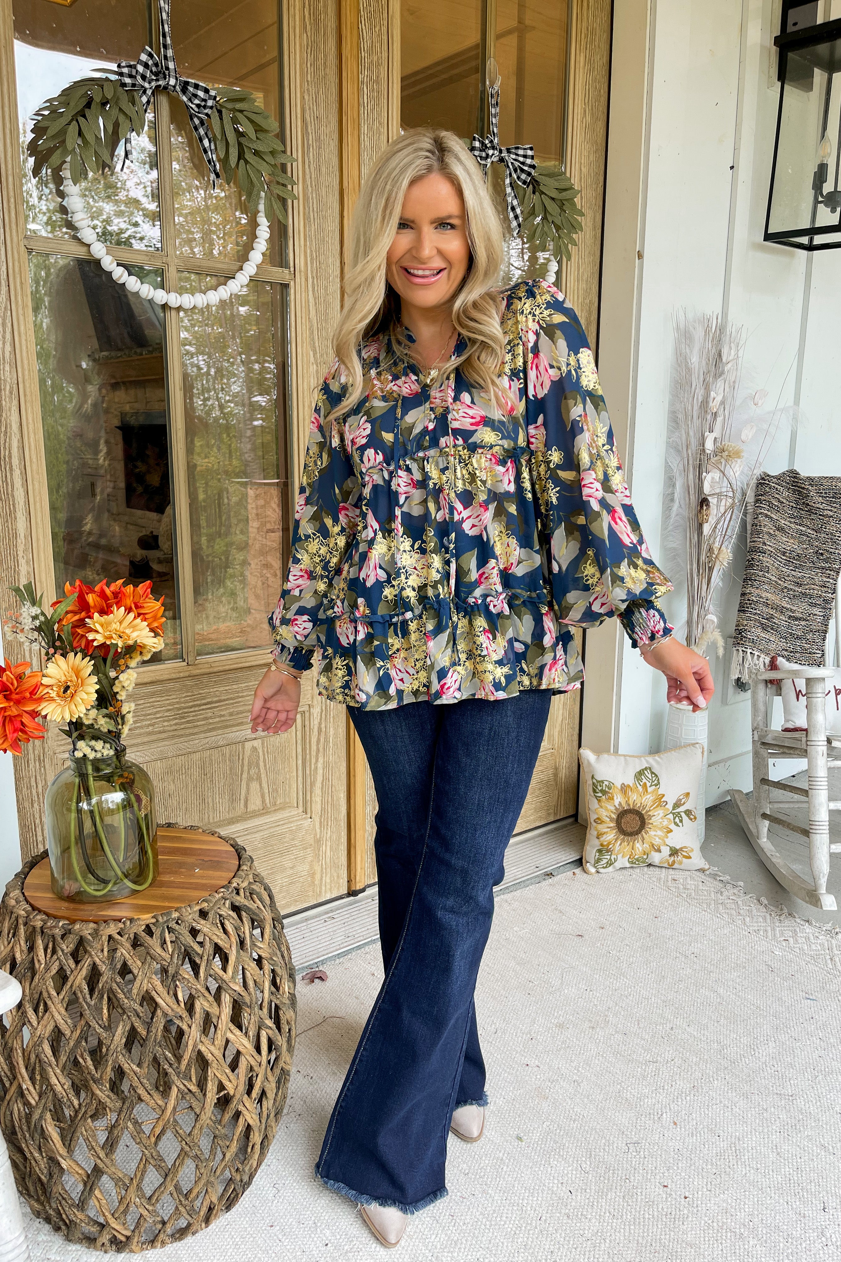 Barclay Gold Foil Floral Print Long Sleeve Top - Be You Boutique