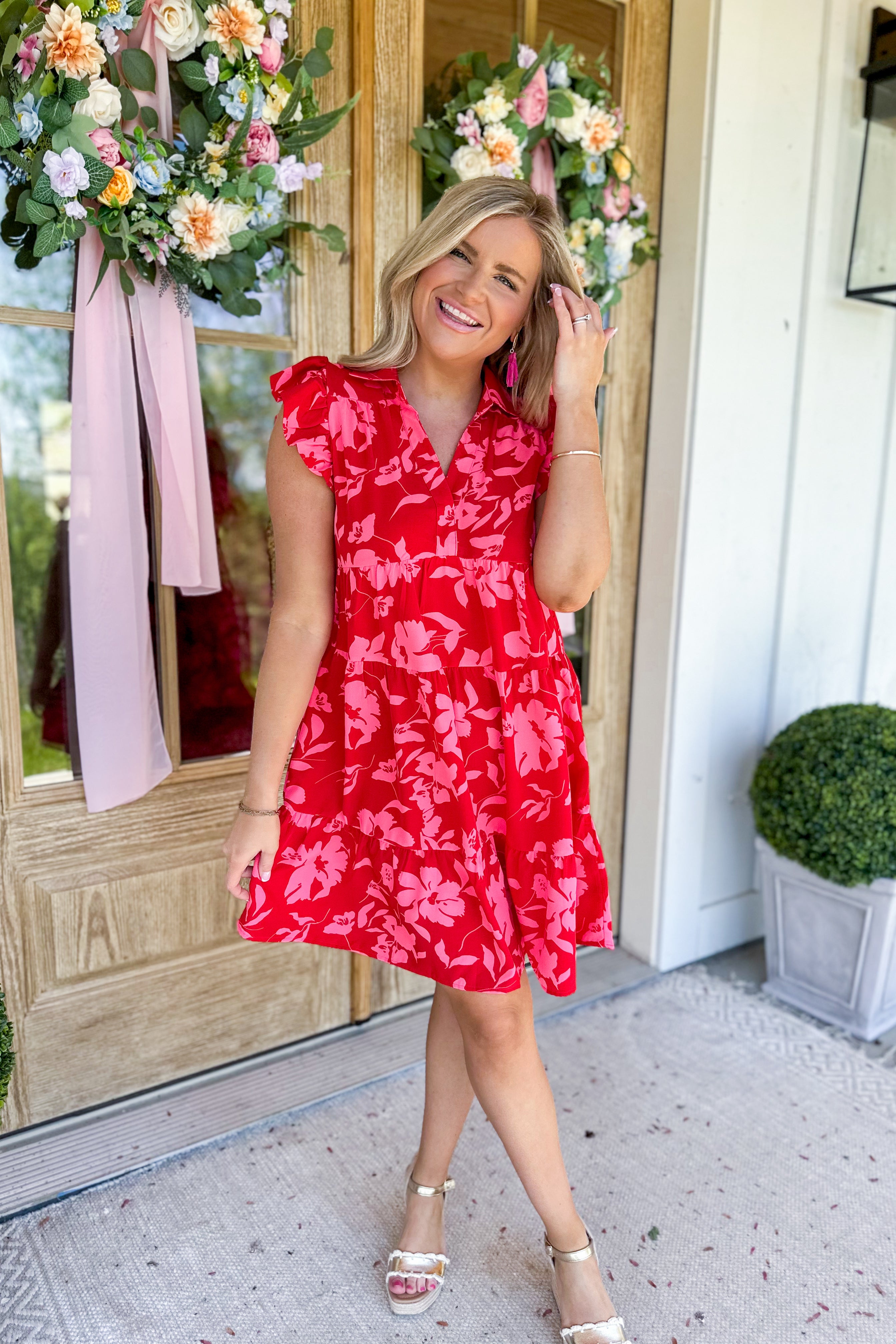 Rhine Floral Print A Line Collared Tiered Dress - Be You Boutique