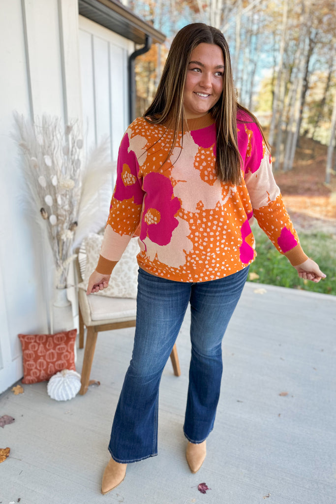 Joshua Floral Pattern Round Neck Long Sleeve Sweater - Be You Boutique