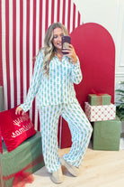 Mary Square Winter Pines pajama set with long-sleeve top and 156 pants in a winter tree print