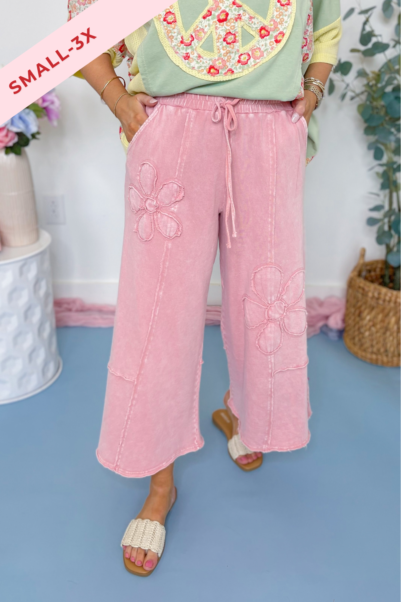 Laura Floral Detail Mineral Washed Terry Knit Wide Leg Pants - Be You Boutique