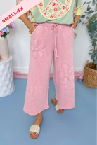 Laura Floral Detail Mineral Washed Terry Knit Wide Leg Pants - Be You Boutique