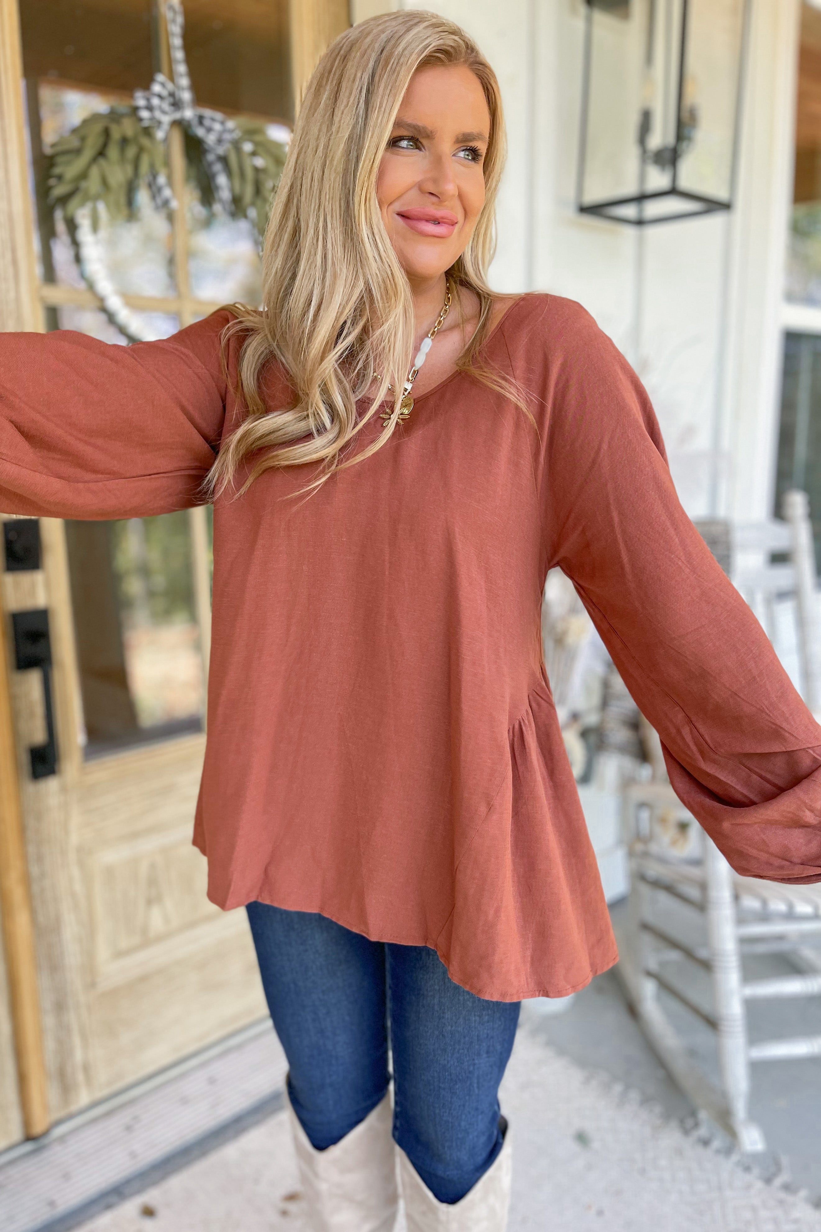 Mary Round Neck Back Tie Flare Balloon Sleeve Blouse [S-3X] - Be You Boutique