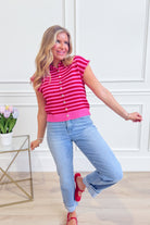 ENTRO Maggie striped button-down casual top, featuring a relaxed fit with vertical blue and white stripes, short sleeves.