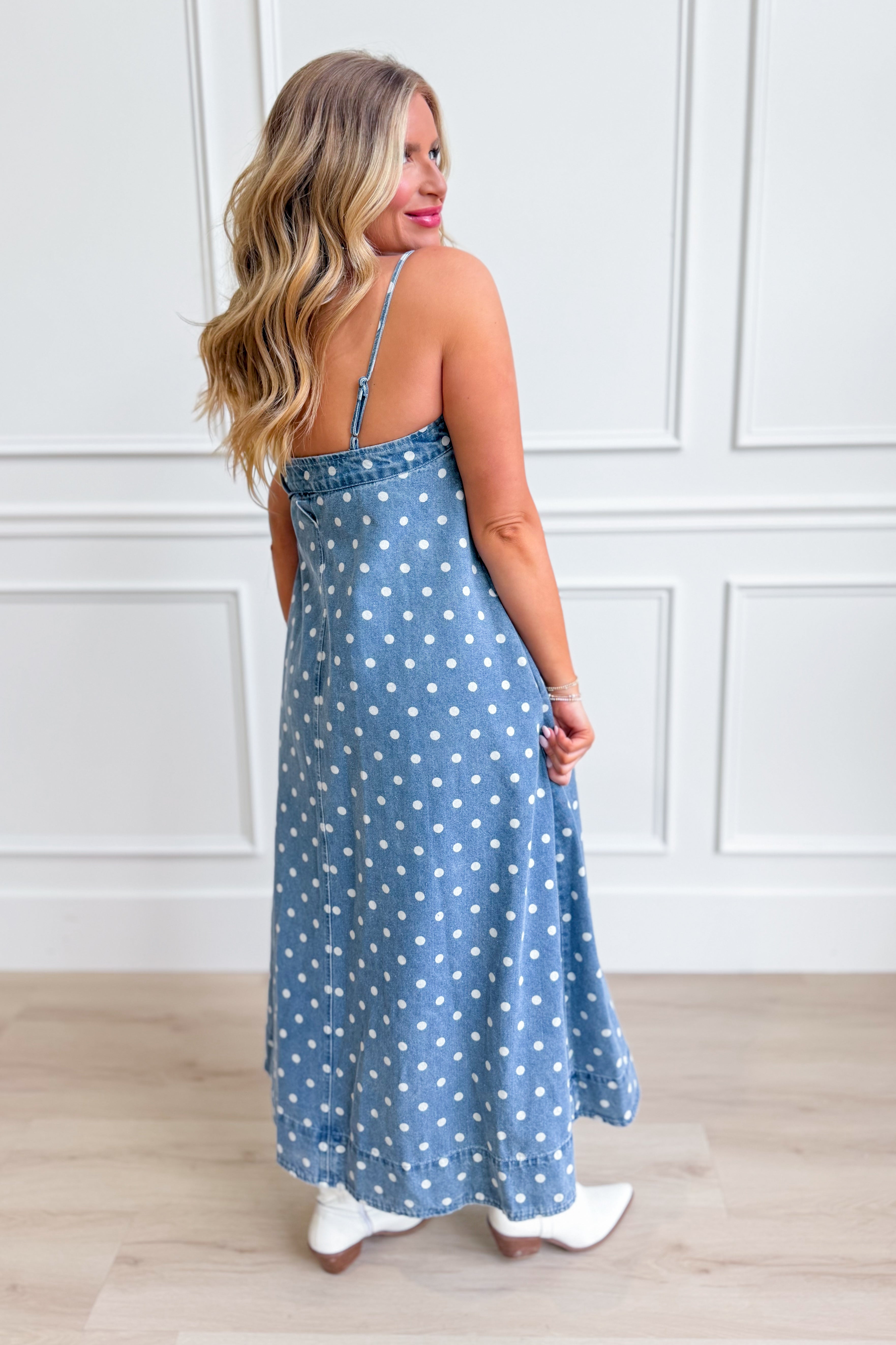 Aureum Mia Polka Dot Denim Dress, 125 dressy dress with a classic polka dot pattern and stylish denim fabric, shown on a model.