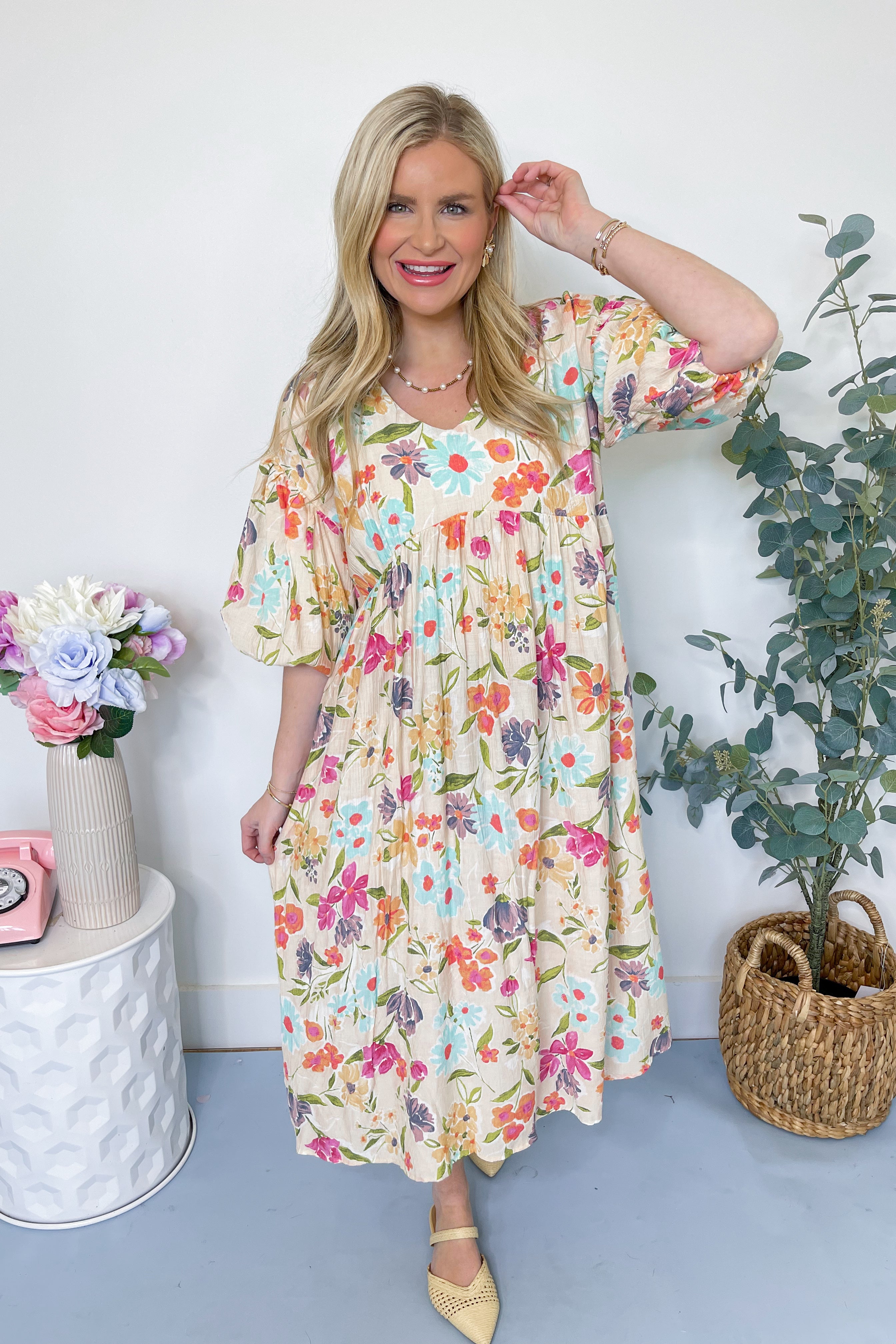 Serena Blossom Print Bubble Sleeve Maxi Dress - Be You Boutique