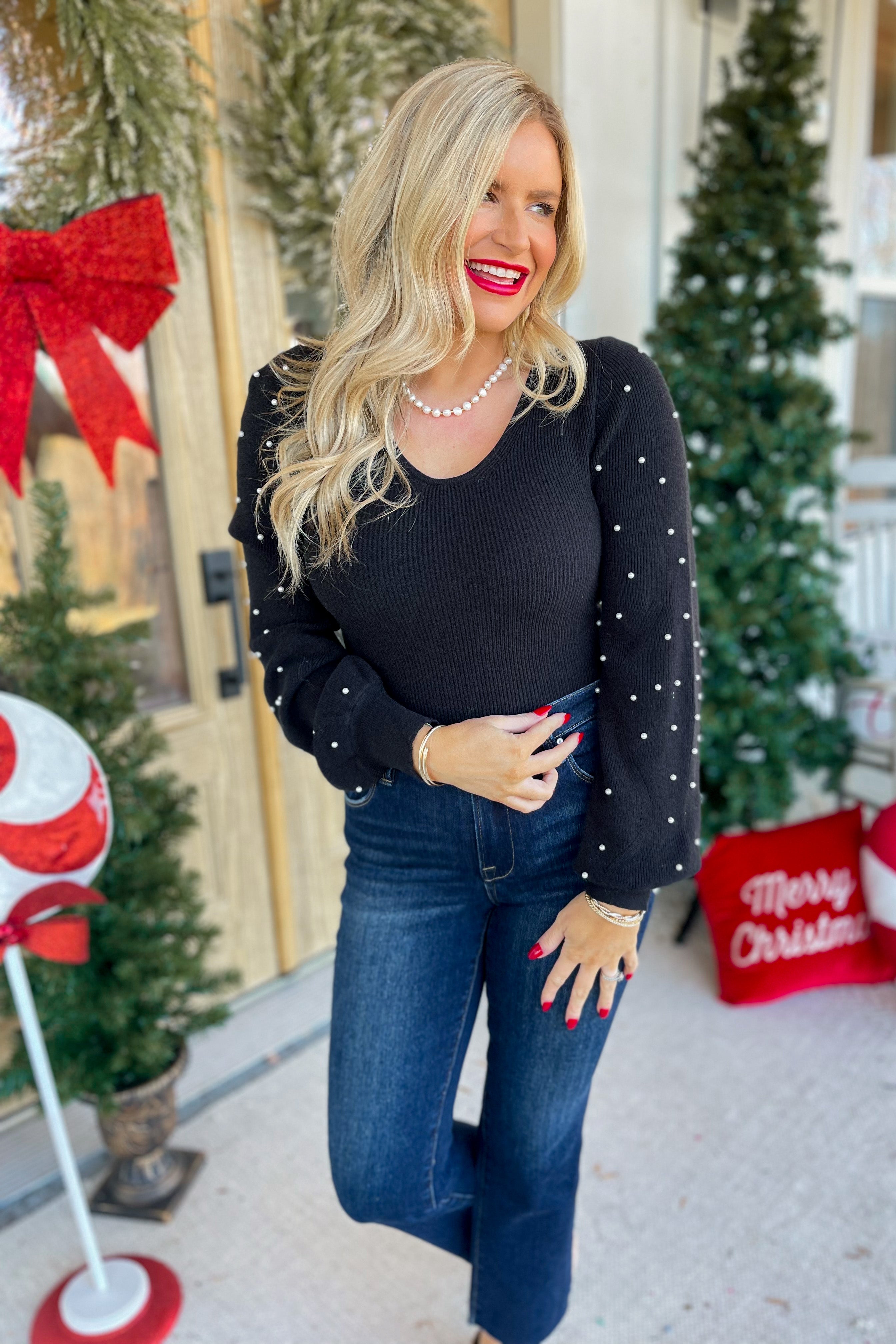 Chrissy Pearl Beaded Long Sleeve Sweater Bodysuit (4 colors) - Be You Boutique