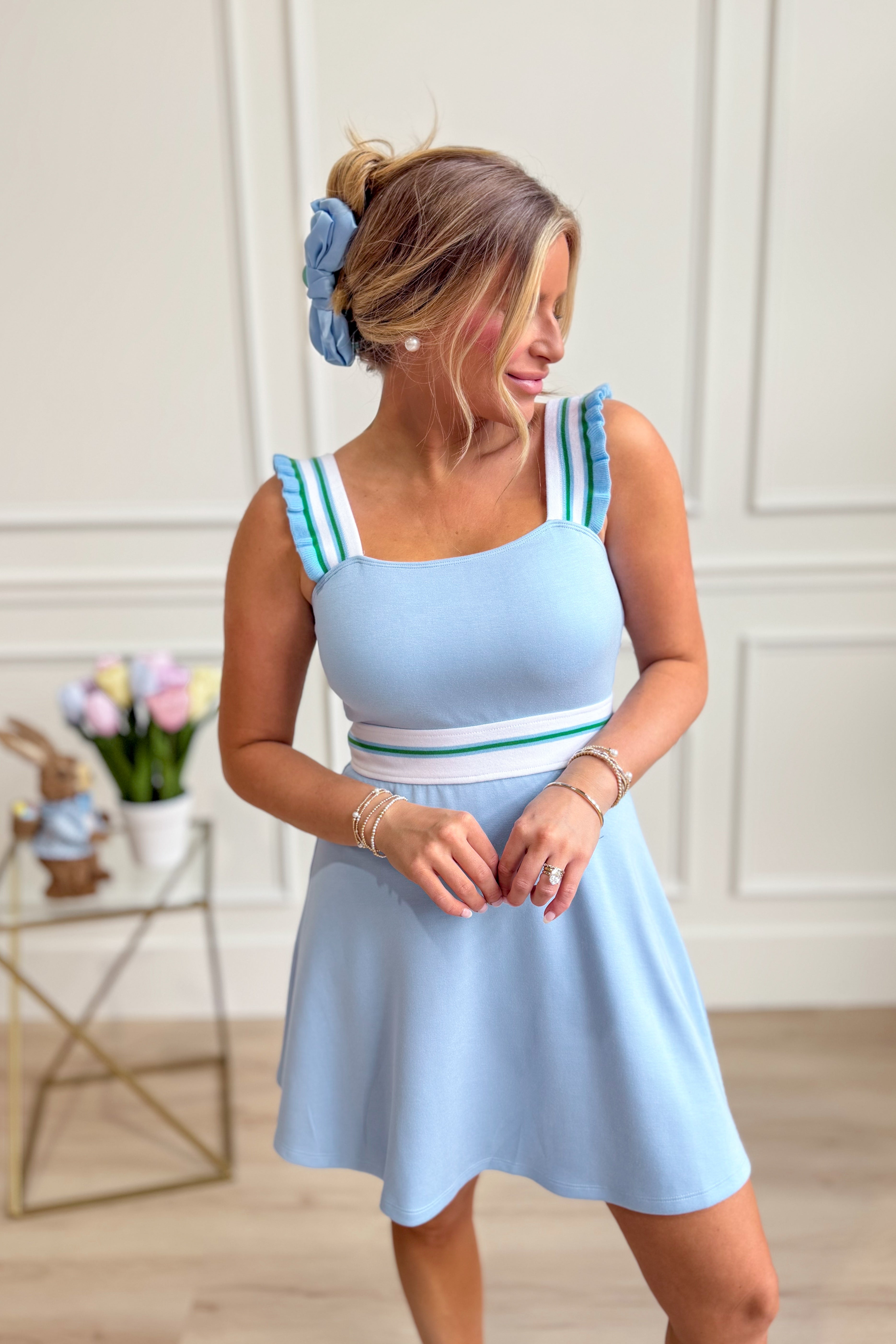 Reagan Sky Ruffled Striped Trim Dress - Be You Boutique
