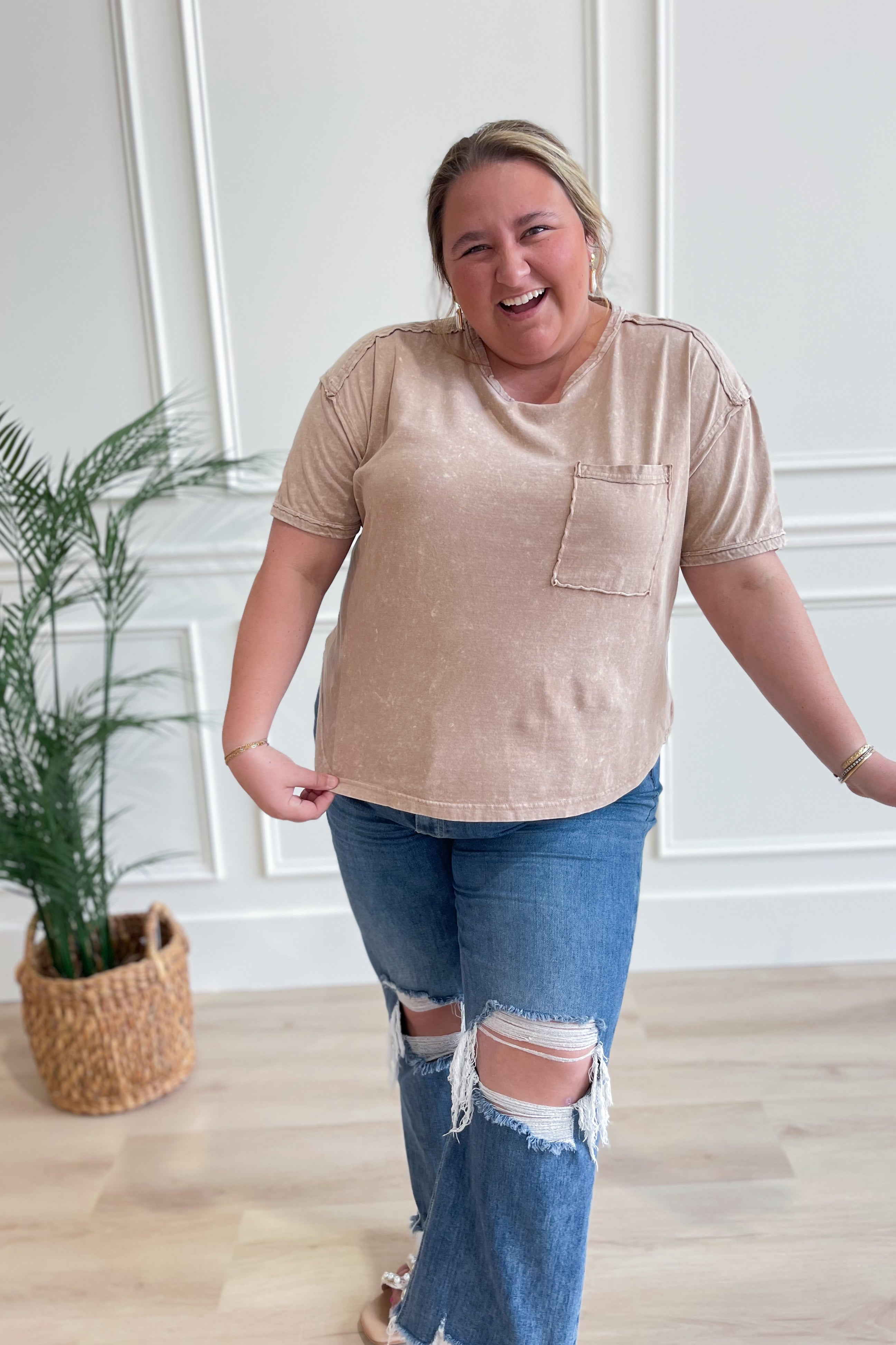 Clara Short Sleeve Washed Knit Pocket Tee - Taupe - Be You Boutique