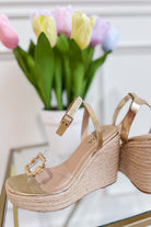 SODA Soda Notices clear wedge heel shoes with transparent straps and a chunky heel, stylish for casual or dressy occasions.