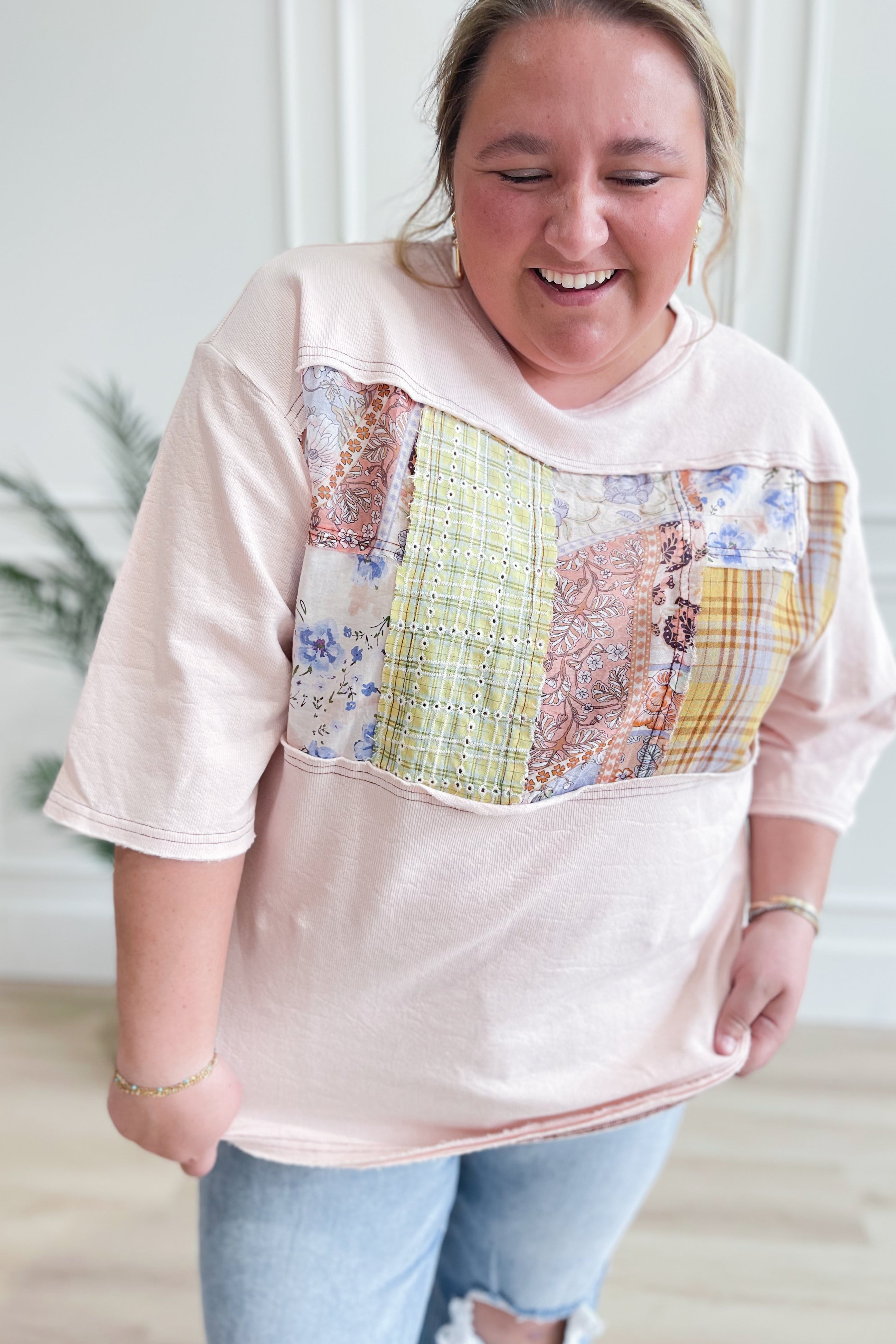 Edward Mix Print Patchwork Detail Half Sleeve Top - Be You Boutique
