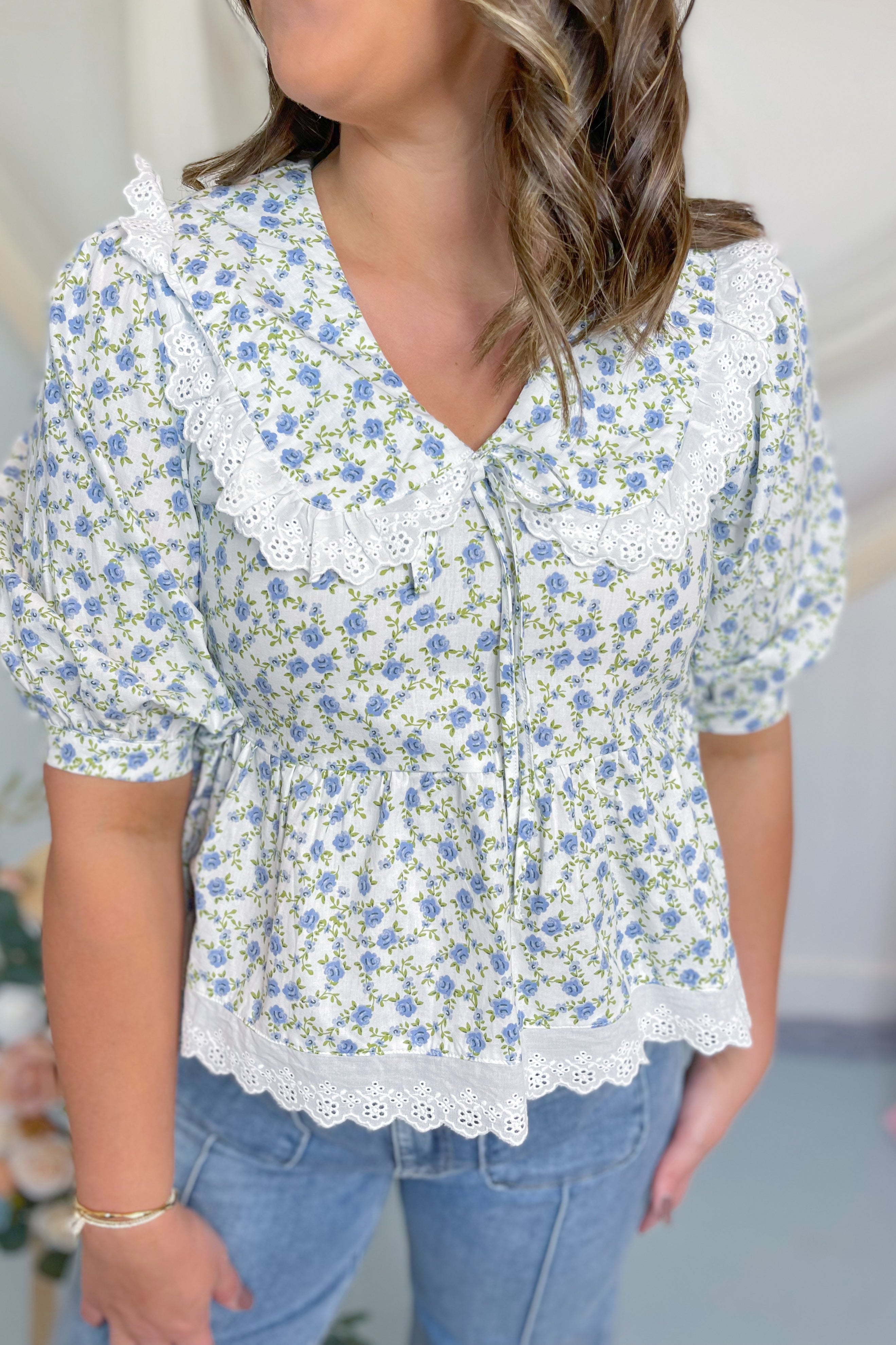 Cayden Lace Trim Collared Floral Top - Be You Boutique