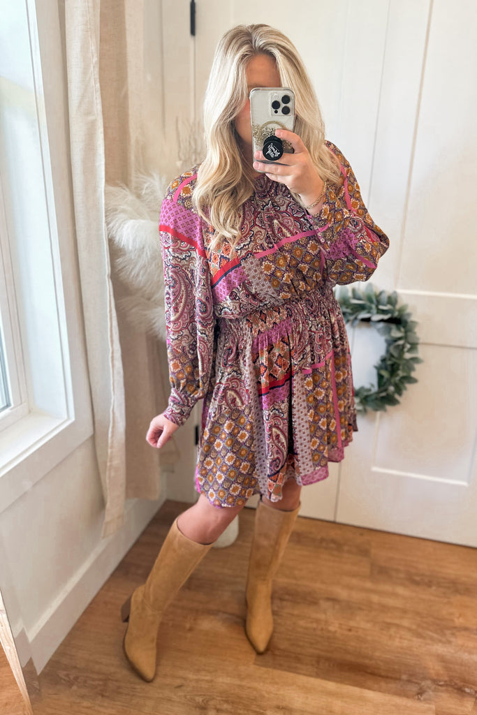 Allie Plum Print Long Sleeve Dress - Be You Boutique
