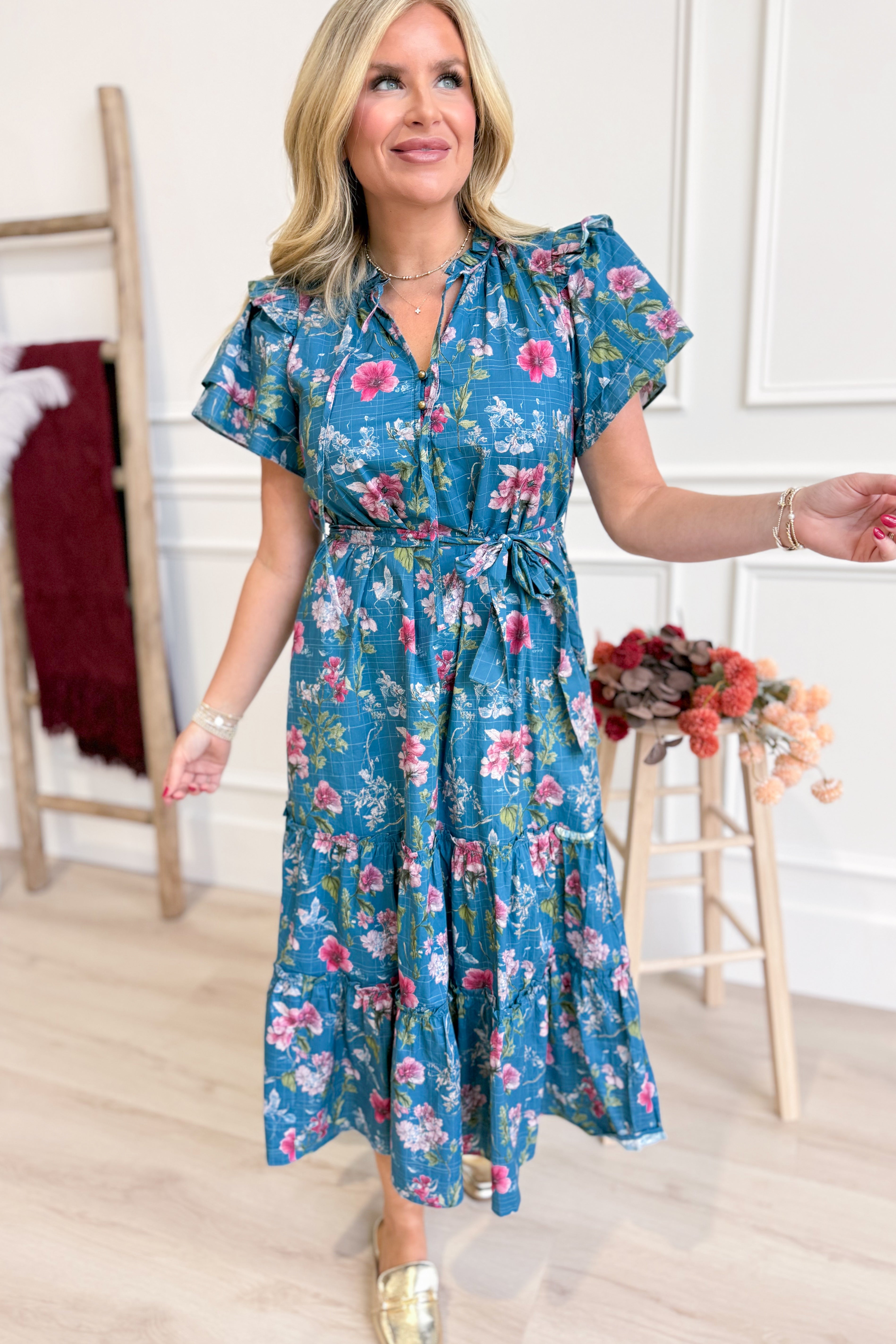 Katherine Floral Flutter Sleeve Dress - Be You Boutique