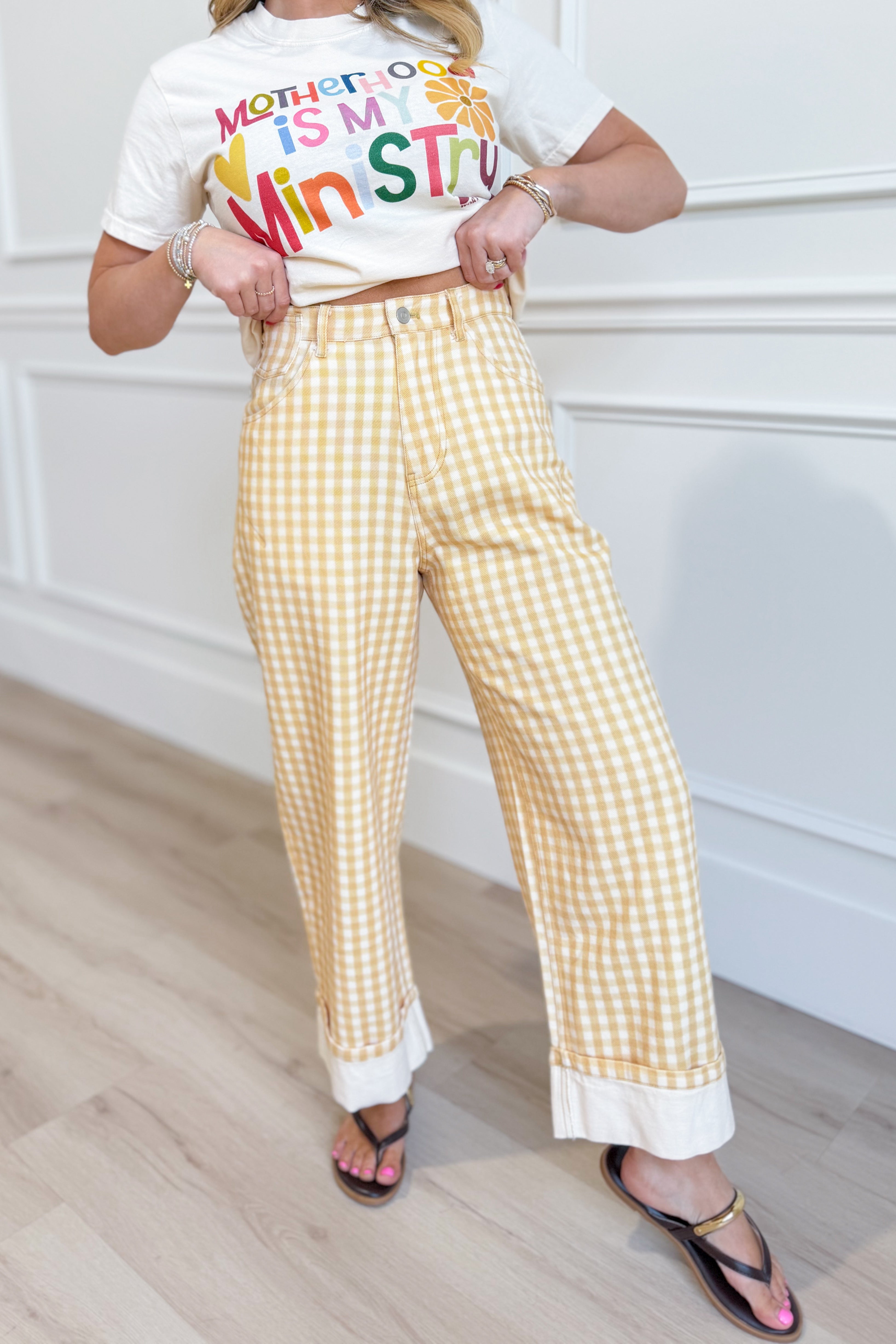 Luis Lt Yellow Gingham Rolled Hem Barrel Pant from PEACH LOVE, casual novelty jeans with a yellow gingham pattern and rolled hem detail.