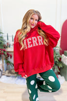 BUCKET LIST Merry striped pattern mock neck graphic sweatshirt in red, white, and green