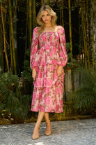 Linda Jacquard Chiffon Rose Printed Tiered Maxi Dress - Be You Boutique