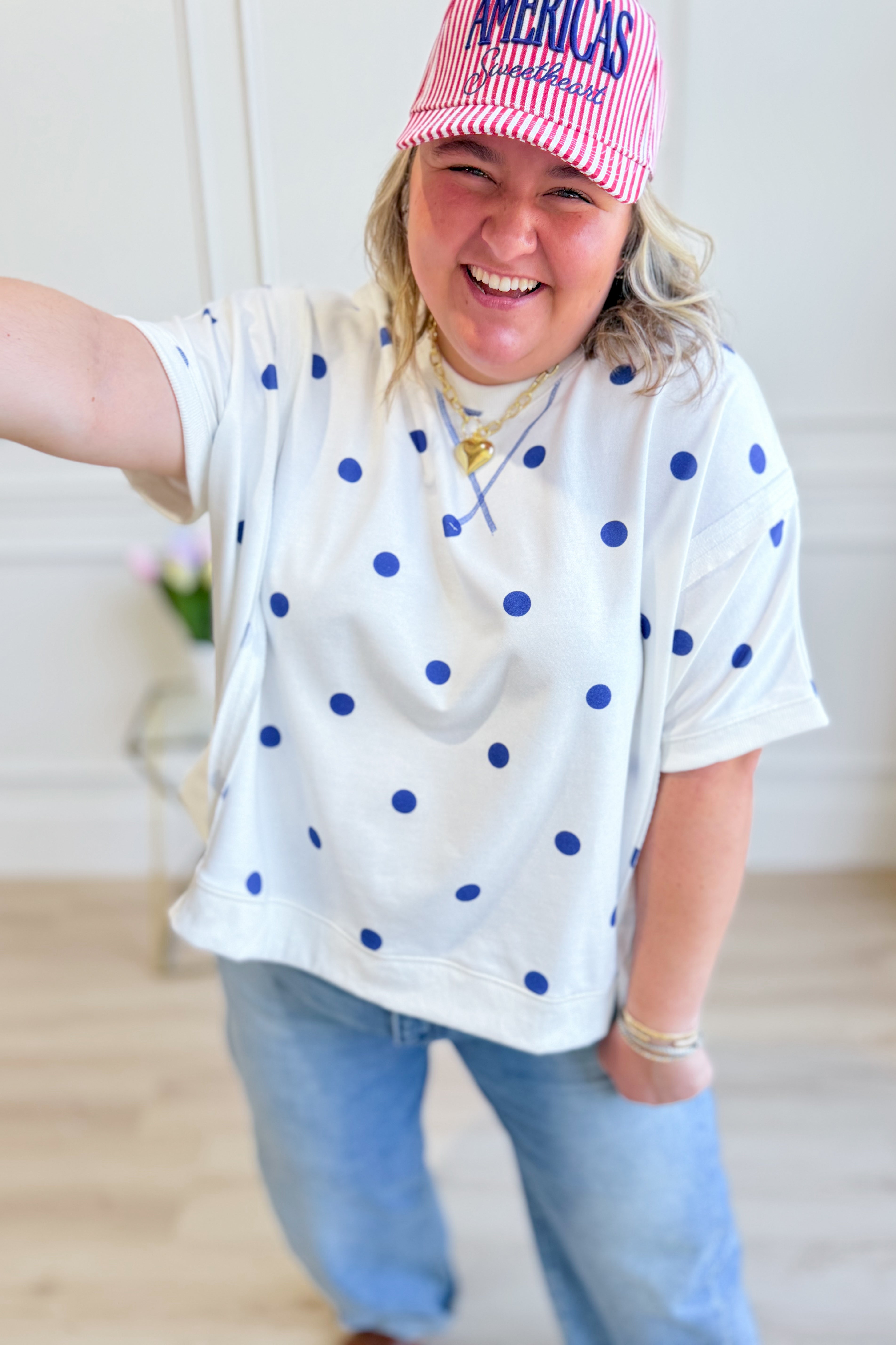 PEACH LOVE Renee Polka Dot Dolman Sleeve Top, casual 105 top in black and white with loose fit and three-quarter sleeves.
