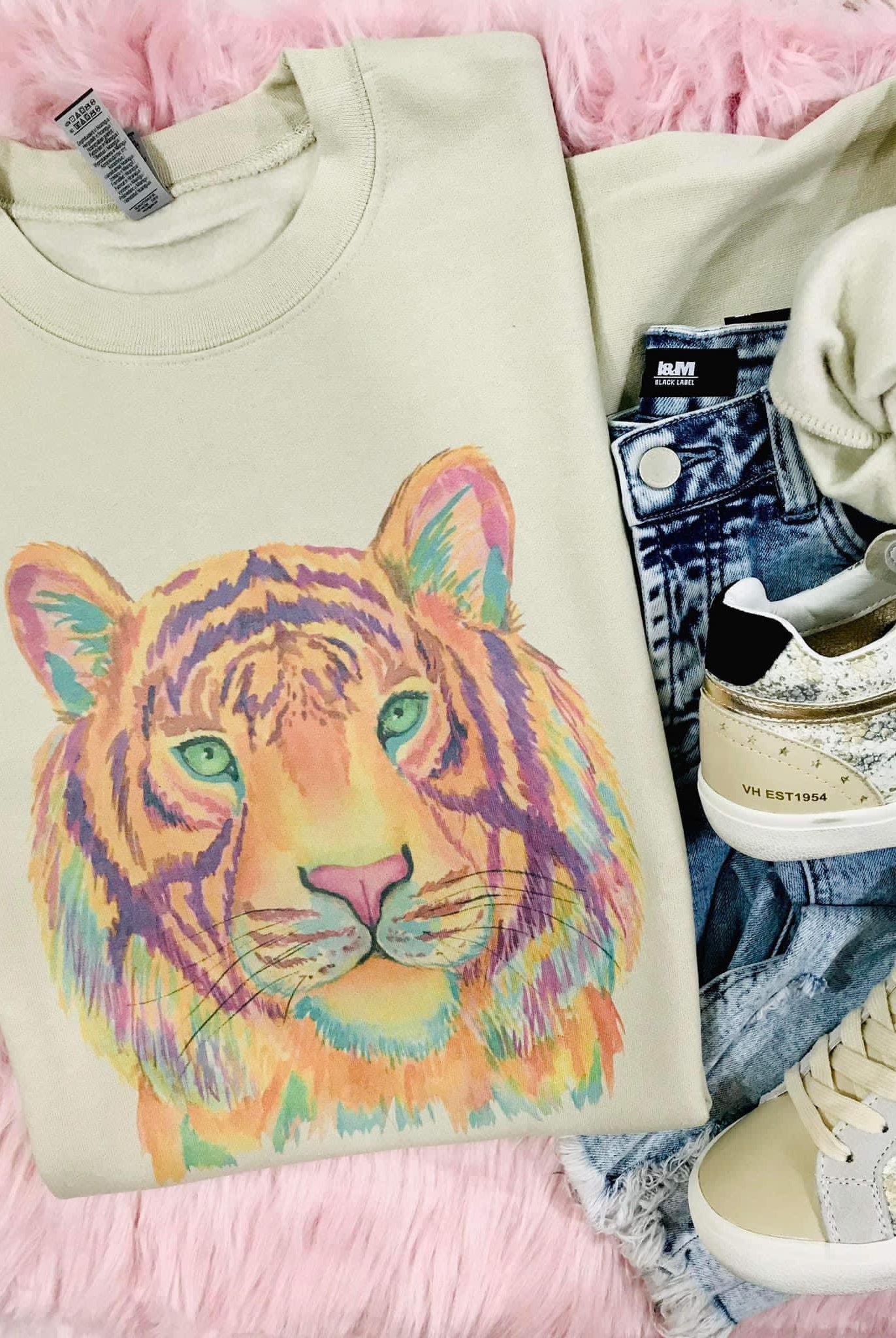 Watercolor Spring Tiger Long Sleeve Crew Neck Sweatshirt - Be You Boutique