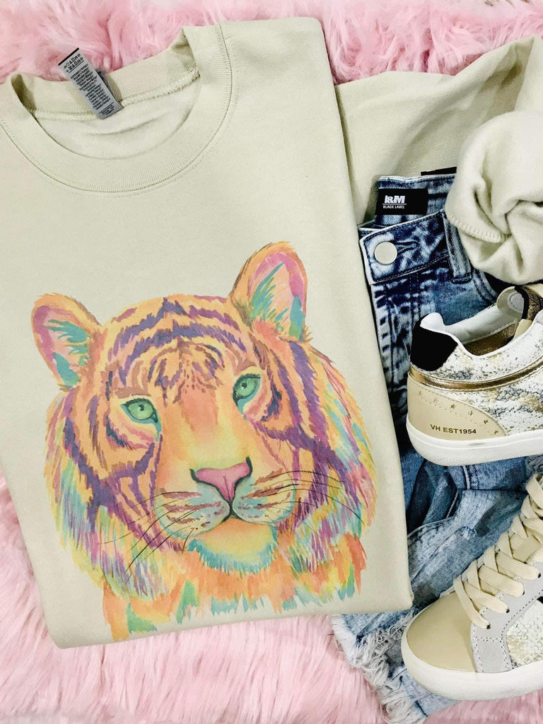 Watercolor Spring Tiger Long Sleeve Crew Neck Sweatshirt - Be You Boutique
