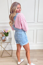 Peach Love Holly polka dot denim overall romper for women, featuring adjustable straps and playful polka dot pattern.