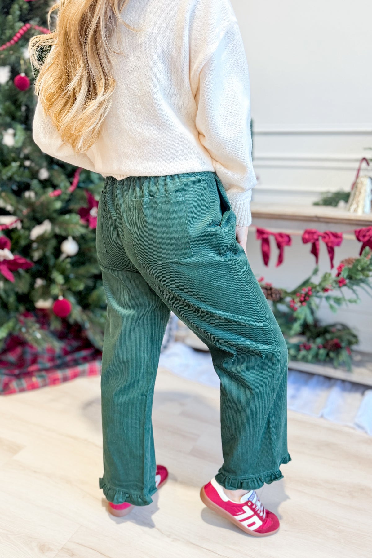 Wishlist Riley Forest corduroy ruffle trim pants, 156 pants style, featuring stylish ruffle details and a cozy corduroy fabric.
